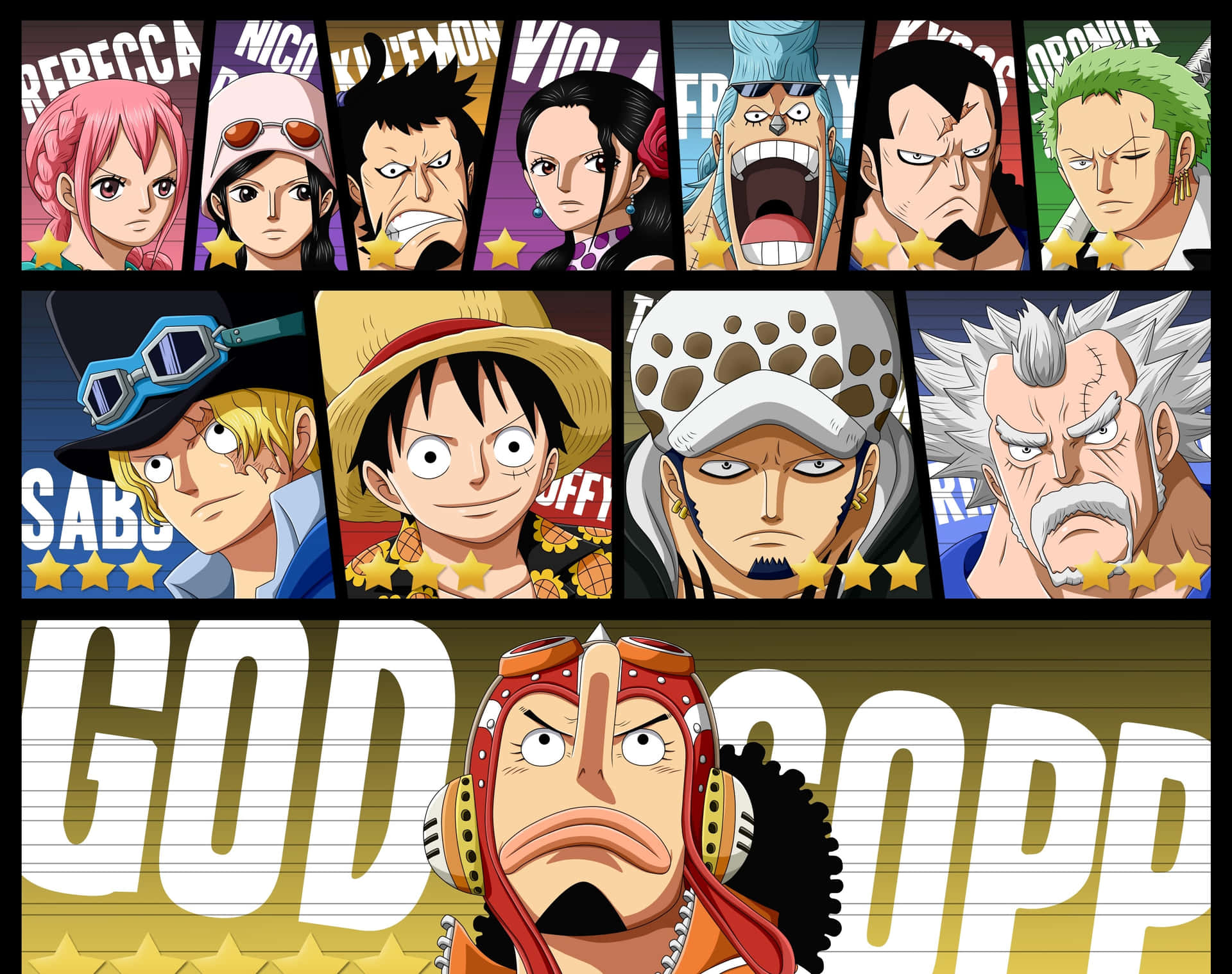 One Piece動漫角色以網格形式排列，附有星級評分和「GOD COPP」文字。