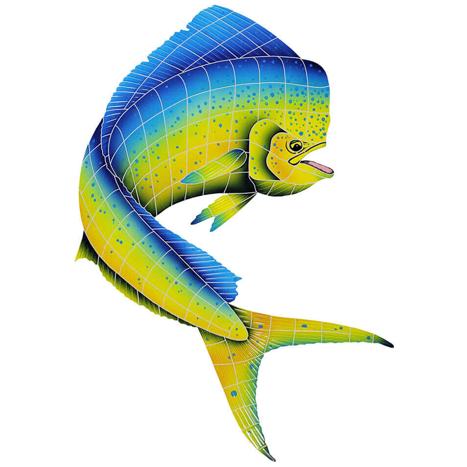 一條帶有網格圖案的風格化藍黃色魚正在游動。 — 邁阿密海豚 GIF 壁紙