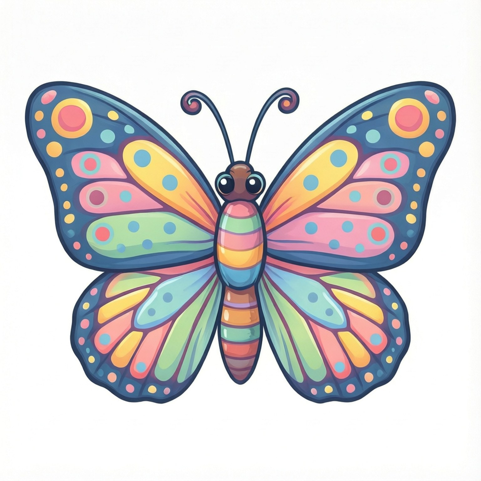 Butterfly Free 桌布 壁紙 — 一隻色彩繽紛的卡通蝴蝶，有多色翅膀，帶有圓點和條紋圖案，背景為純白色。