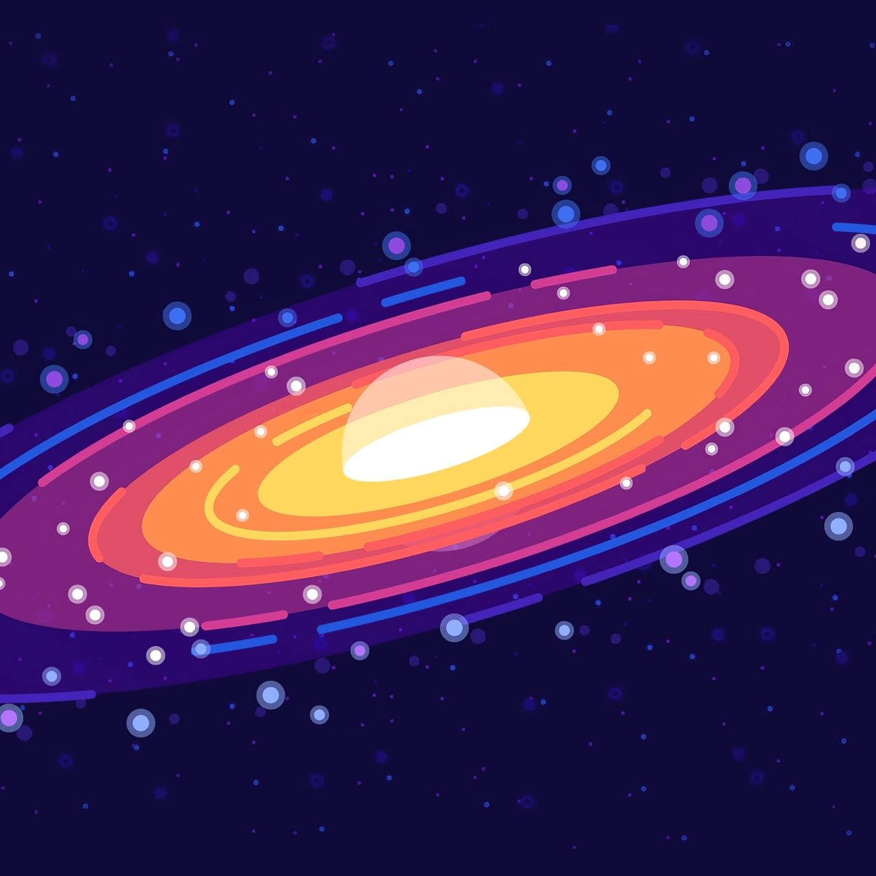 一個色彩繽紛的卡通星系，在深空中帶有發光的環和星星。