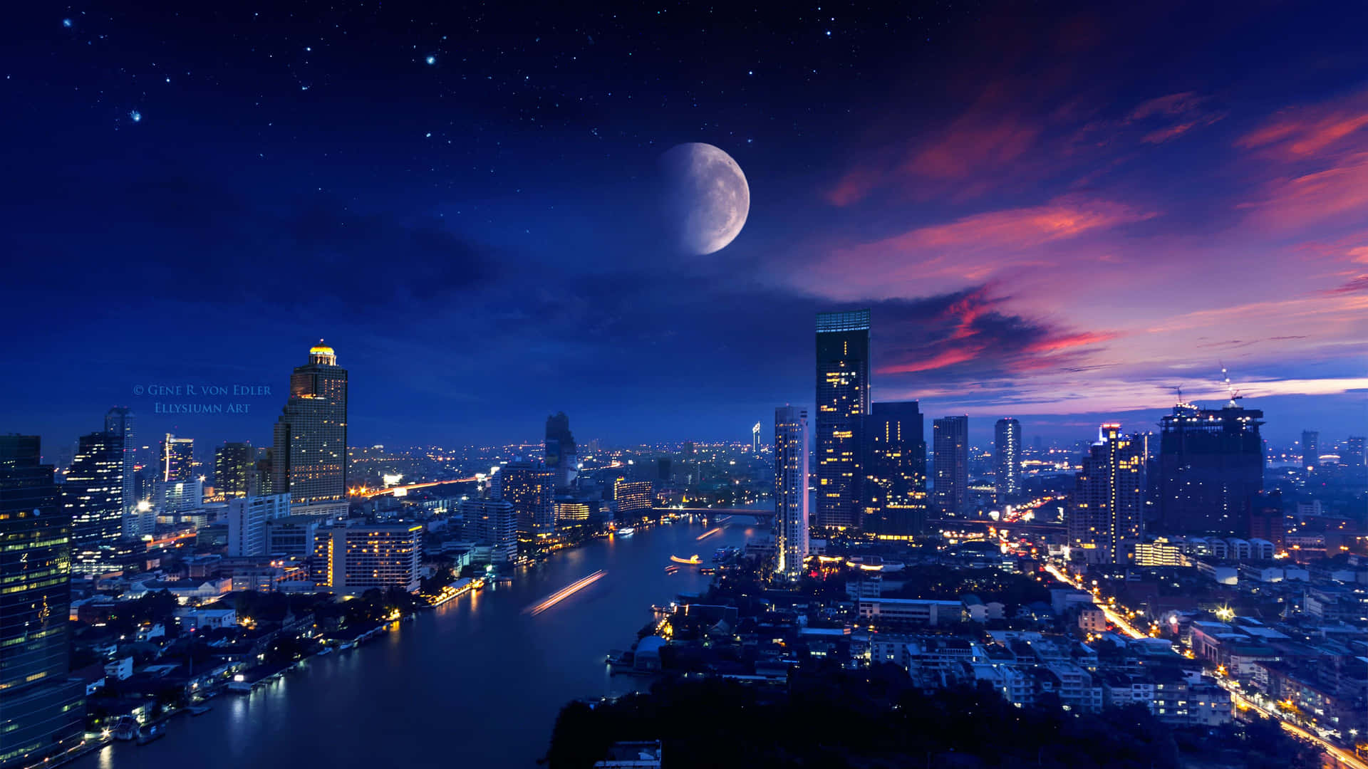 黃昏時分的城市天際線，月亮和星星在發光的建築物和河流之上。