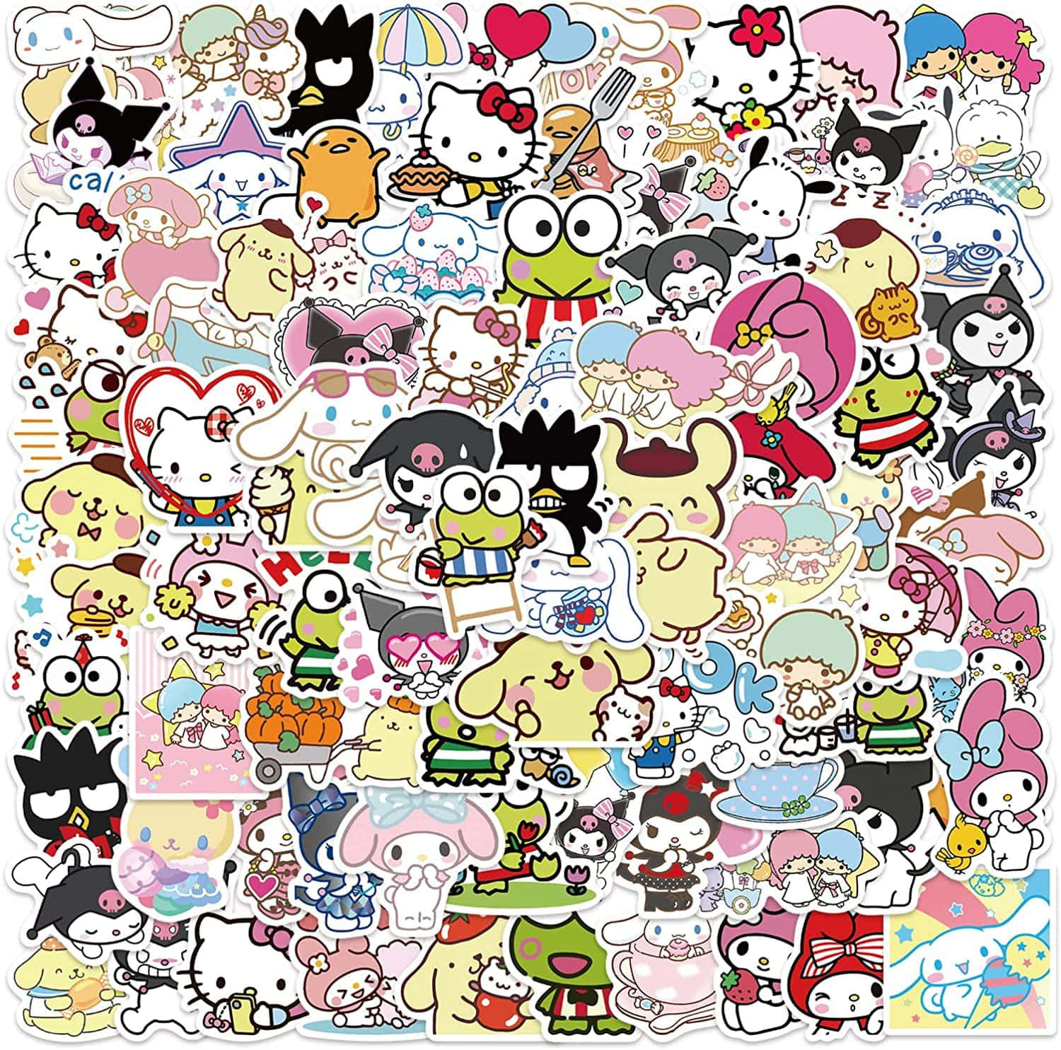  壁紙 — 充滿活力的可愛卡通貼紙拼貼畫，以Hello Kitty My Melody和其他Sanrio角色為特色，採用柔和色彩。