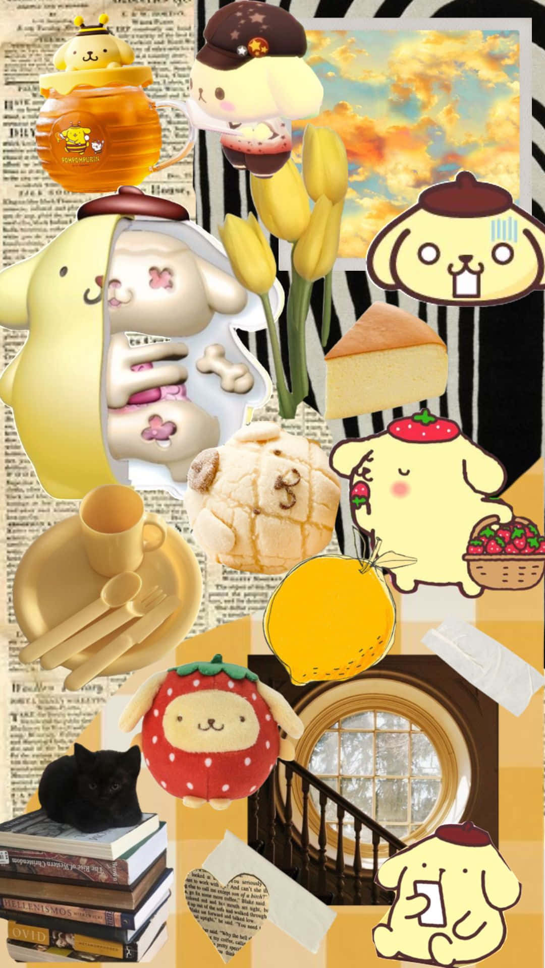  壁紙 — 一個充滿活力的拼貼畫，包含可愛的黃色卡通角色、食物物品和復古報紙剪報，以俏皮混亂的圖案排列。