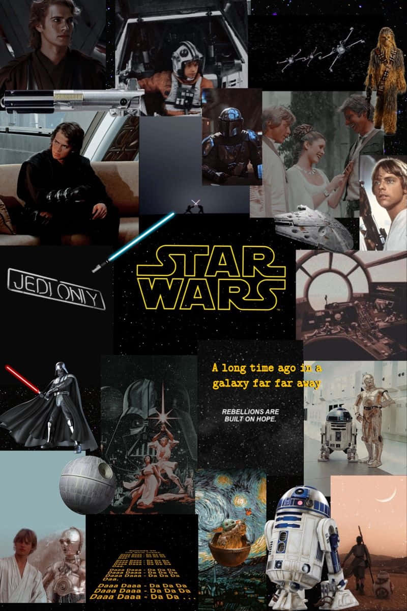 Star Wars Aesthetic 桌布 壁紙 — 一幅充滿活力的拼貼畫，以太空和星空背景為襯，展示標誌性的星球大戰角色、場景和語錄。