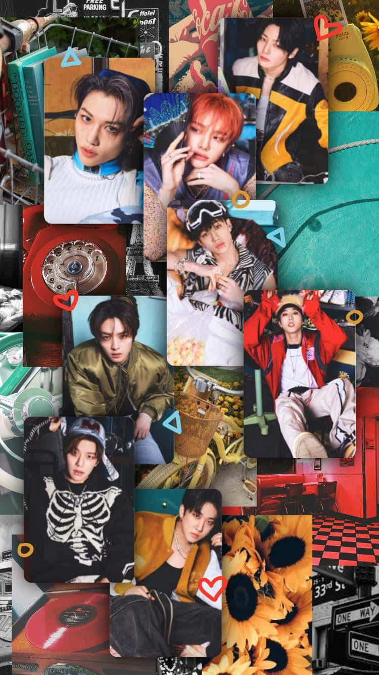 K-pop偶像拼貼畫，包含復古物品和向日葵 — Stray kids GIF 壁紙