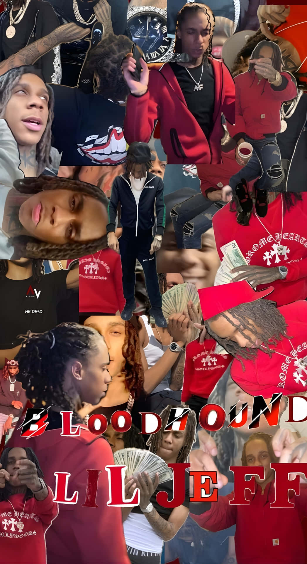  壁紙 — 一幅充滿活力的拼貼畫，Lil Jeff 身穿紅色服裝，手持現金，與粉絲在塗鴉風格背景前擺姿勢。