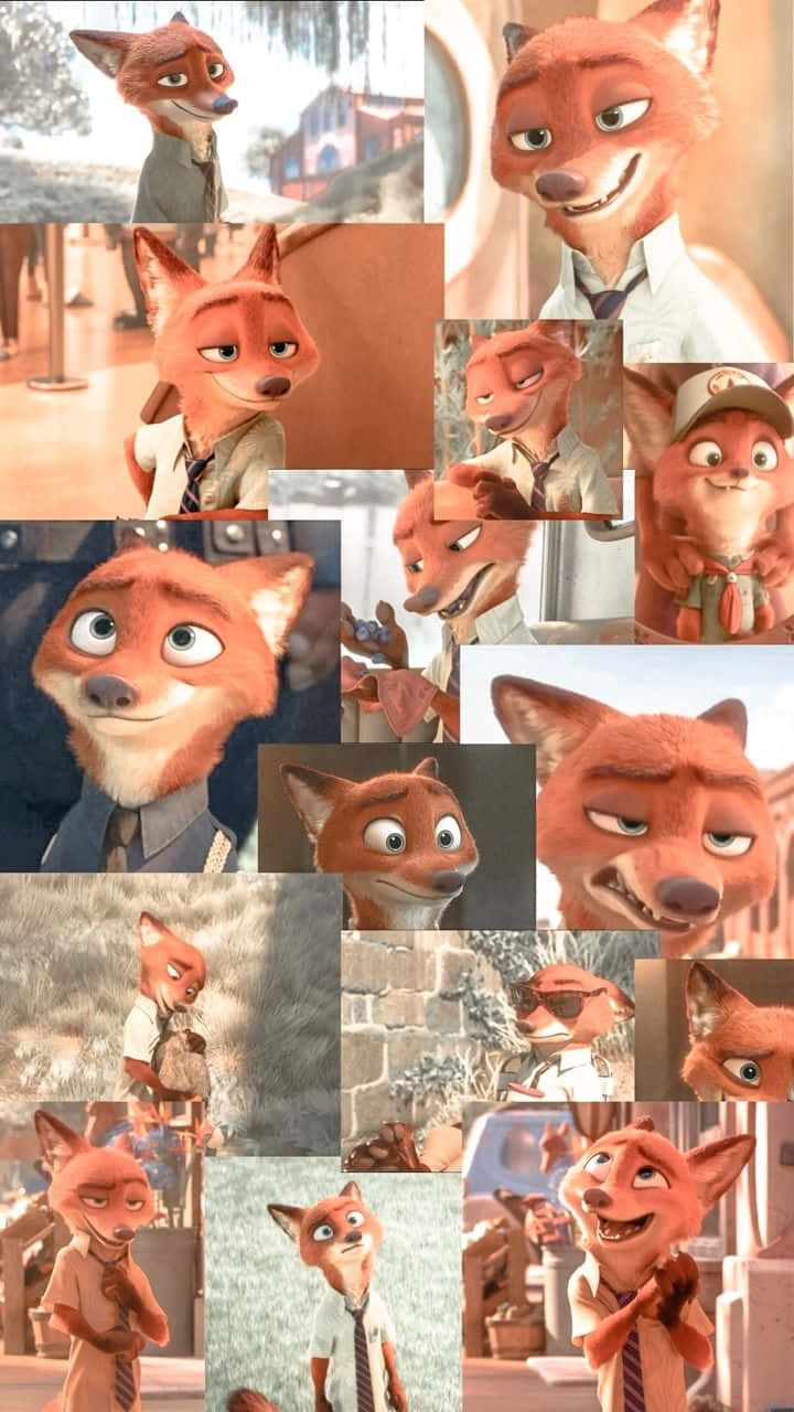  壁紙 — 一張充滿活力的拼貼畫，描繪了《優獸大都會》中的阿力（Nick Wilde）在各種城市背景下擺出多種表情豐富的姿勢和穿著不同的服裝。