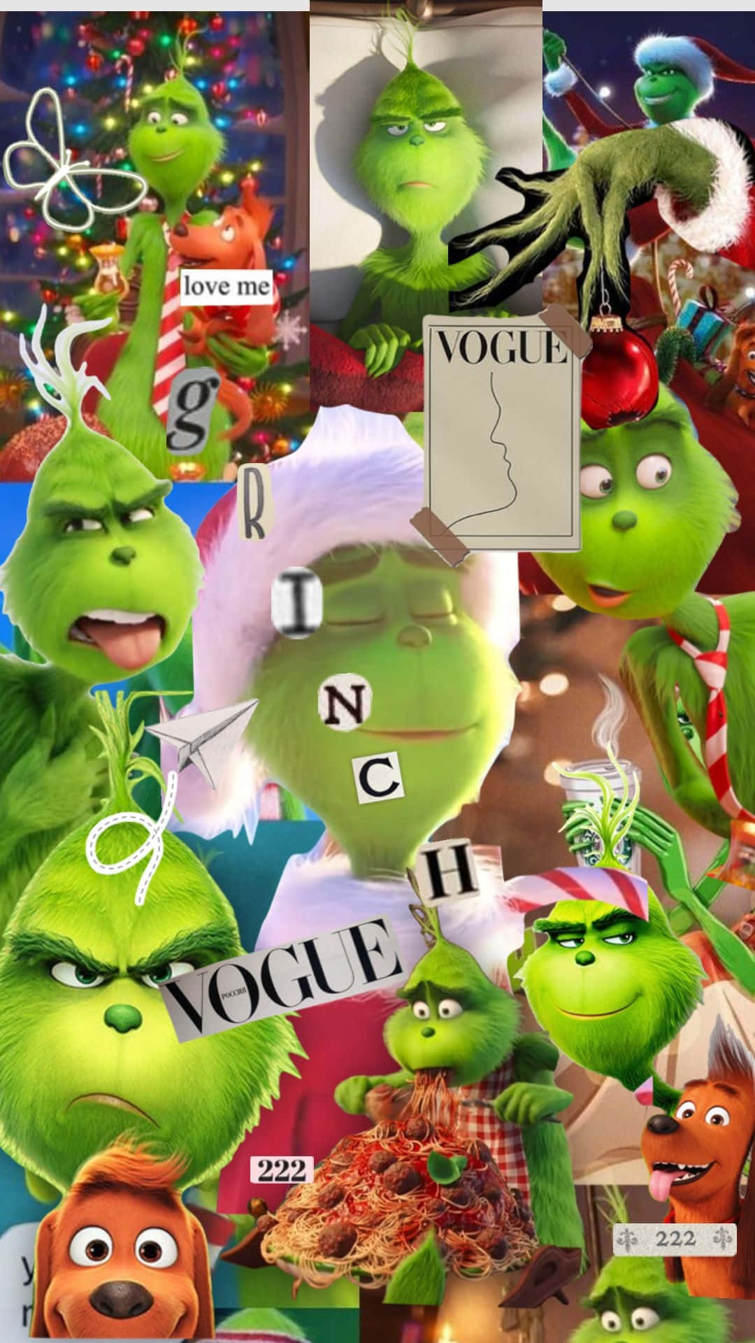  壁紙 — 一幅充滿活力的拼貼畫，描繪了格林奇在各種節日和脾氣暴躁的姿勢中，搭配節日裝飾和Vogue雜誌剪報。