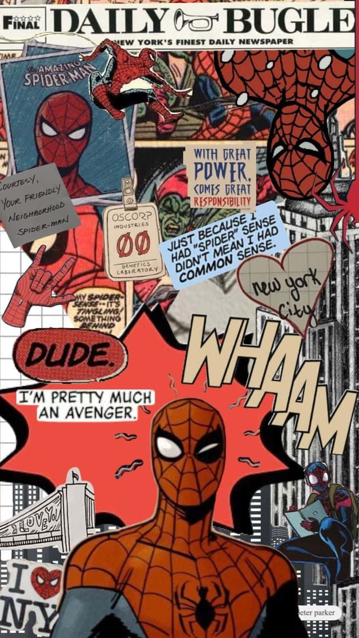 Daily Bugle 桌布 壁紙 — 一幅充滿活力的漫畫拼貼畫， featuring Spider-Man 以動態姿勢呈現，配有粗體文字氣泡和紐約市天際線元素。