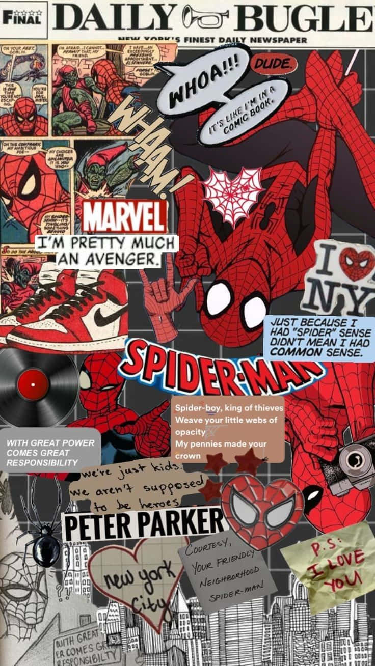 Daily Bugle 桌布 壁紙 — 一幅充滿活力的漫畫拼貼畫， featuring 身穿紅藍色的蜘蛛俠，紐約市天際線，運動鞋和報紙頭條。