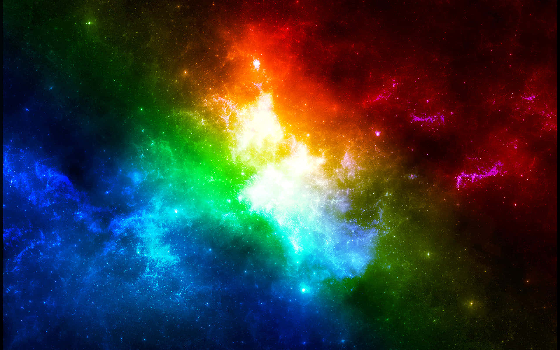  壁紙 — 一個充滿活力的宇宙星雲在繁星點點的黑色虛空中爆發彩虹色調。
