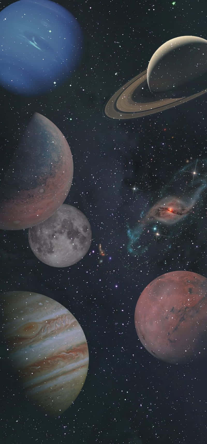 壁紙 — 一個充滿活力的宇宙場景，土星、木星、火星和其他行星漂浮在星星和發光的星雲之間。
