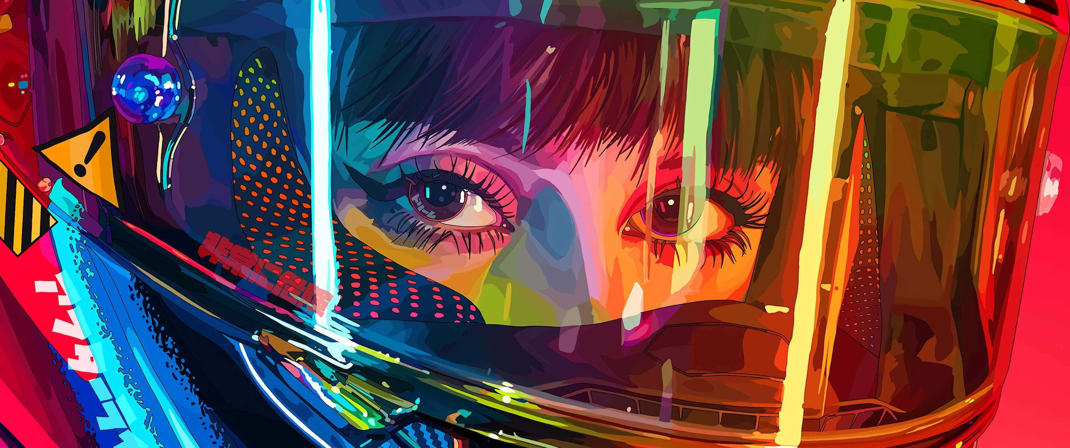 賽博朋克 3440x1440 主題螢幕 壁紙 — 一幅充滿活力的數碼藝術肖像，捕捉賽車手透過色彩繽紛的頭盔面罩投射出的專注眼神，帶有霓虹反射效果。