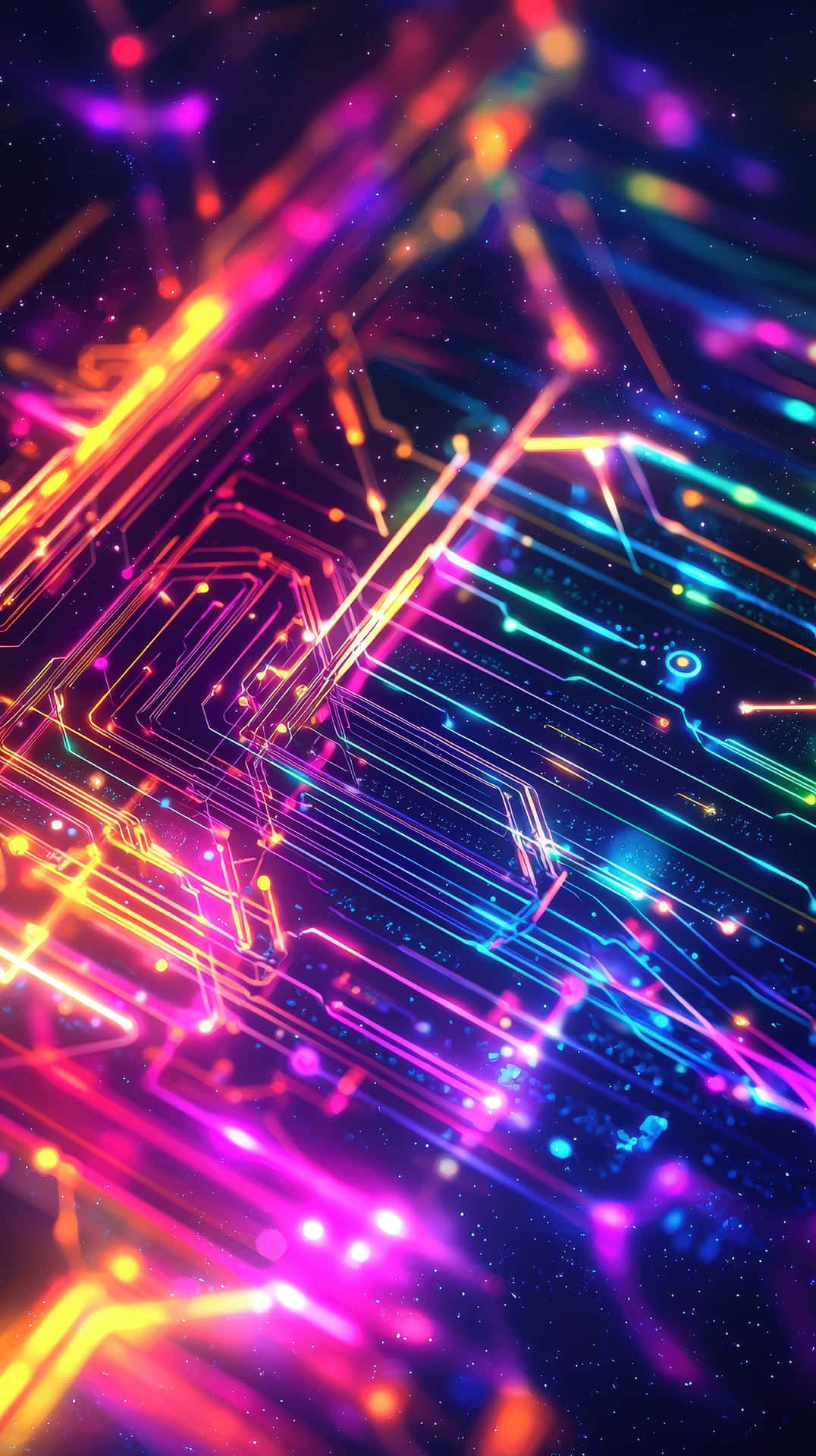 在黑暗宇宙背景上帶有閃爍粒子的發光霓虹電路板線條