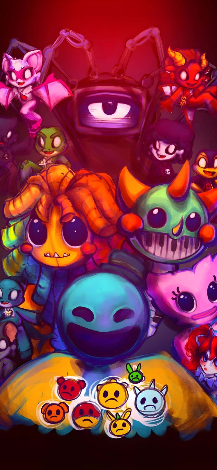  壁紙 — 一幅充滿活力的數位插圖，描繪了色彩繽紛的卡通怪物和表情符號面孔聚集在紅色光芒下。