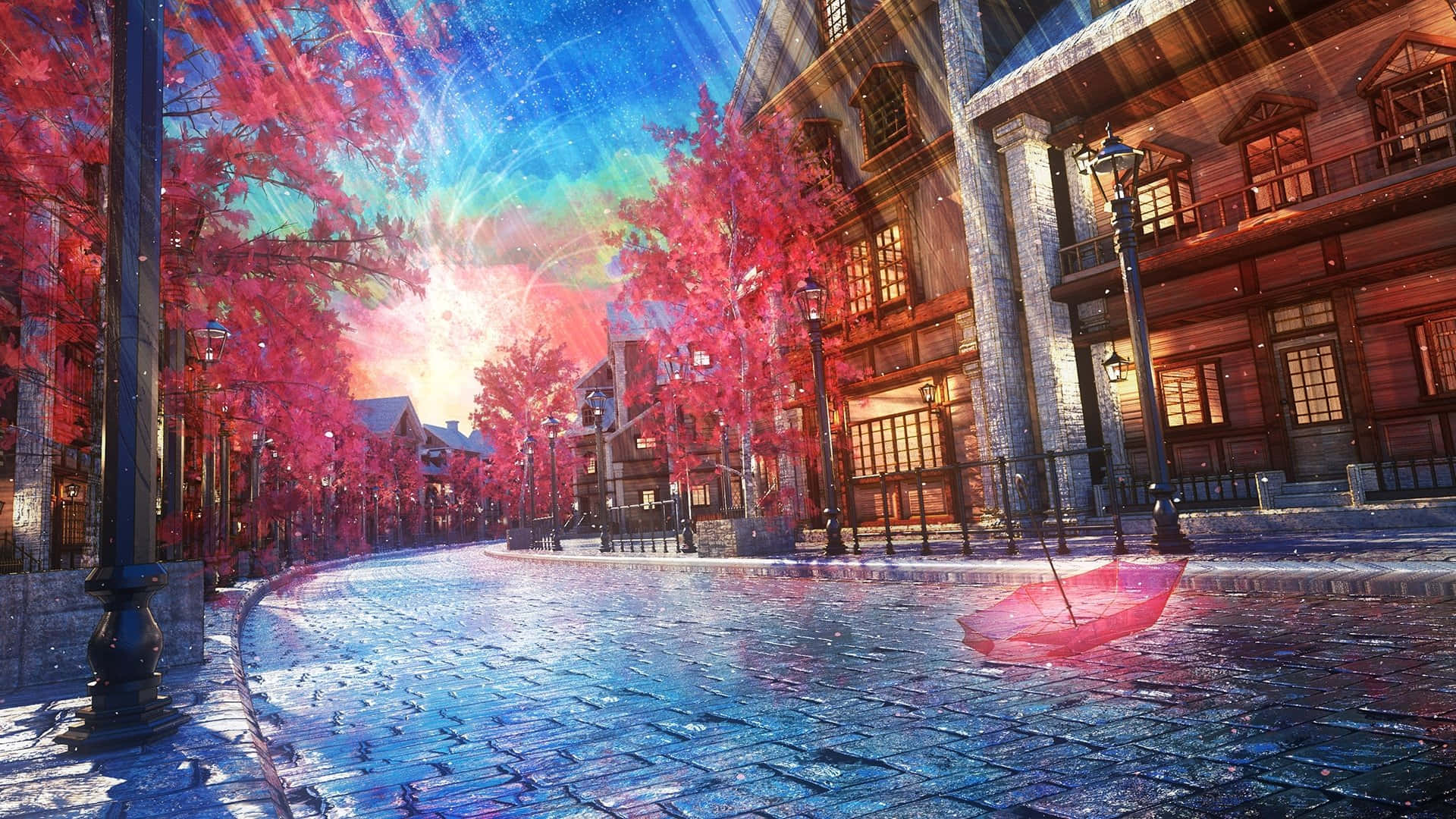  壁紙 — 一個充滿活力的數碼街景，有發光的粉紅色樹木、鵝卵石路面，以及在超現實日落天空下漂浮在濕地上的紅色雨傘。