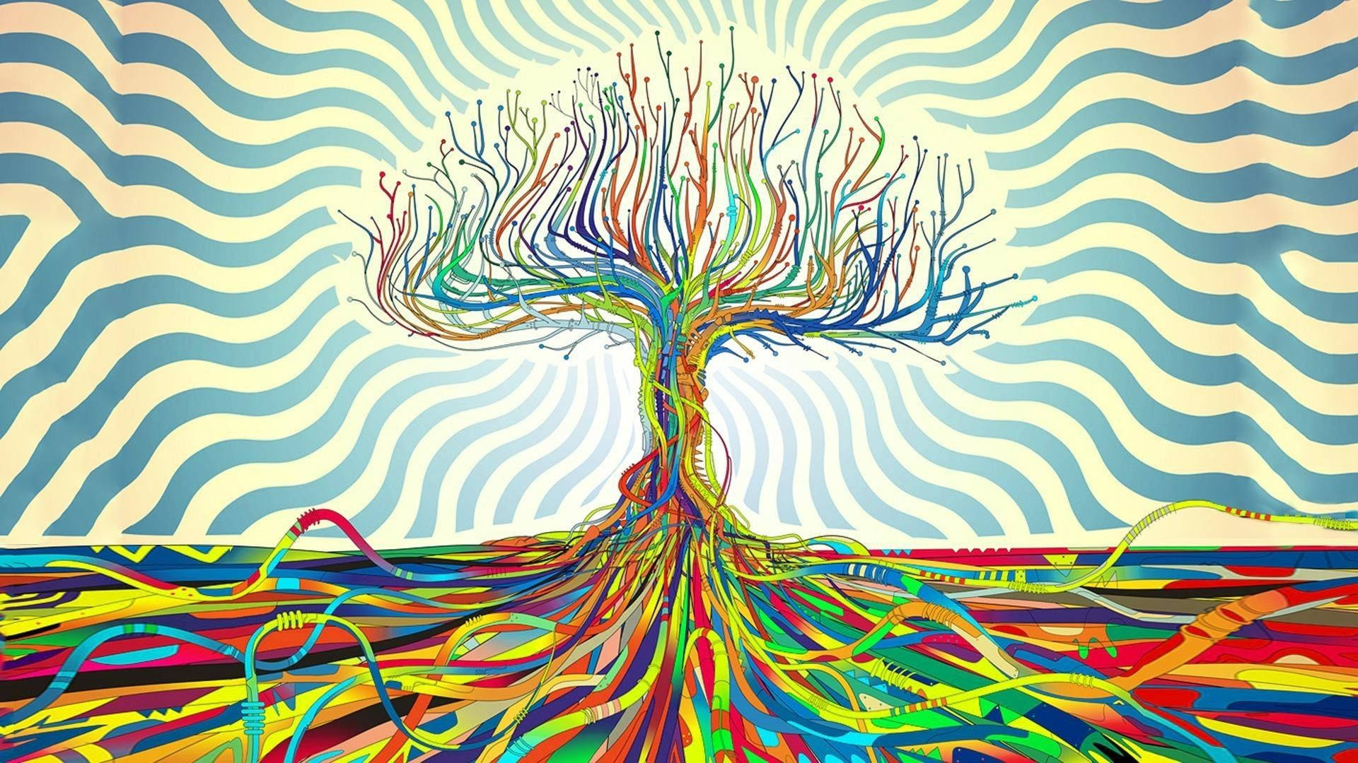 Grateful Dead 多彩樹木 壁紙 — 一棵充滿活力的數位樹，以多色電線作為根和枝條，矗立在旋轉的藍色和奶油色波浪圖案背景前。