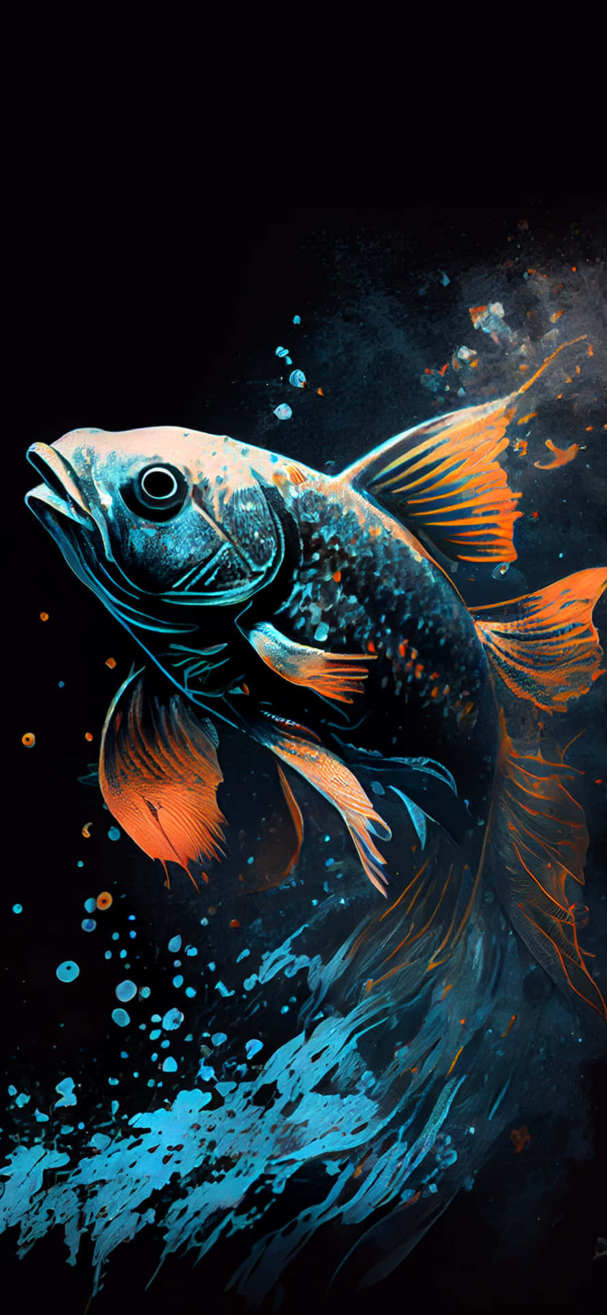  壁紙 — 一條色彩鮮豔的魚，帶有發光的橙色魚鰭，在黑色背景的深色水中跳躍，濺起藍色水花。