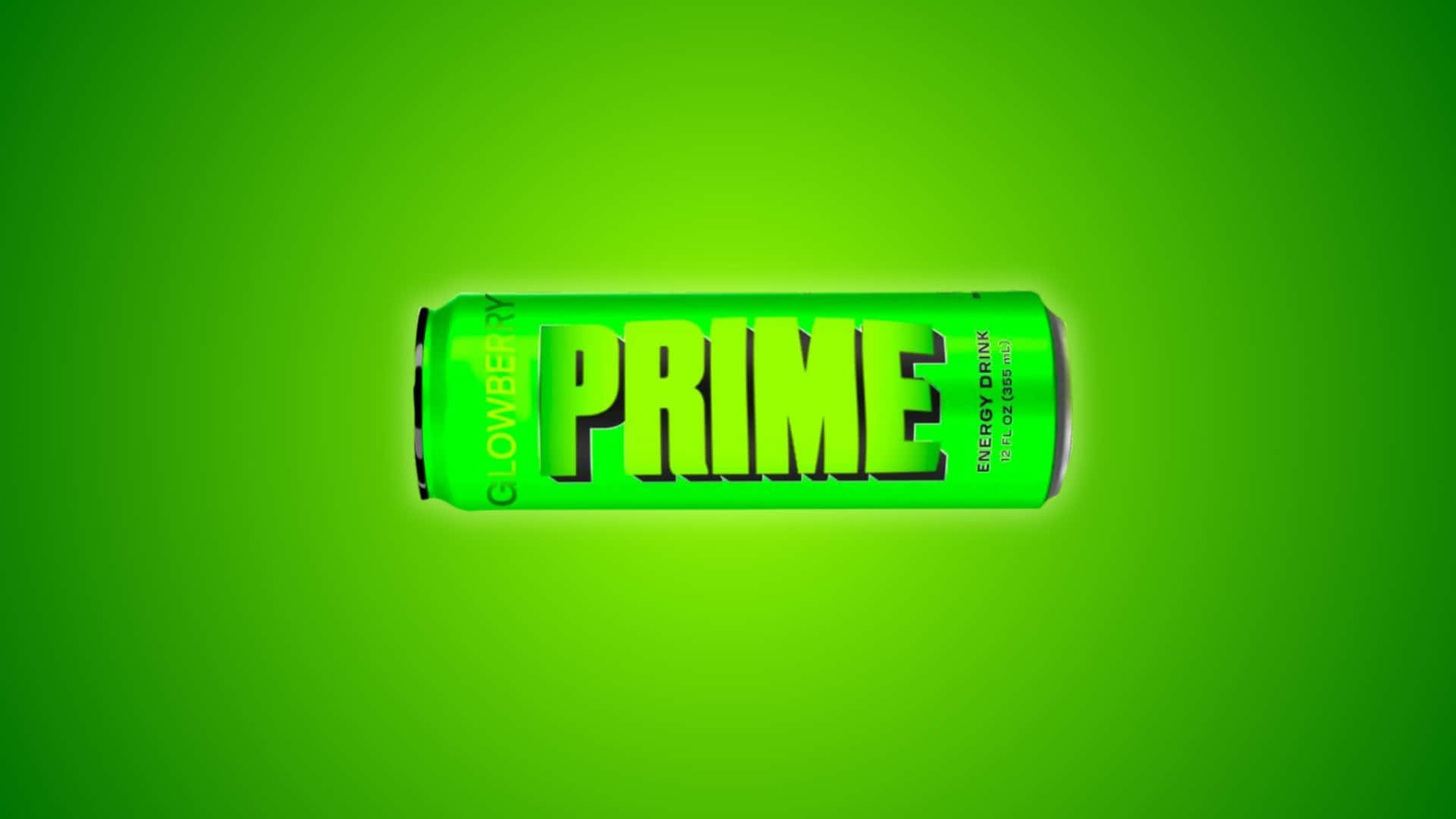 壁紙 — 一個充滿活力的綠色能量飲料罐，標有「PRIME」，在匹配的綠色漸變背景上發光。