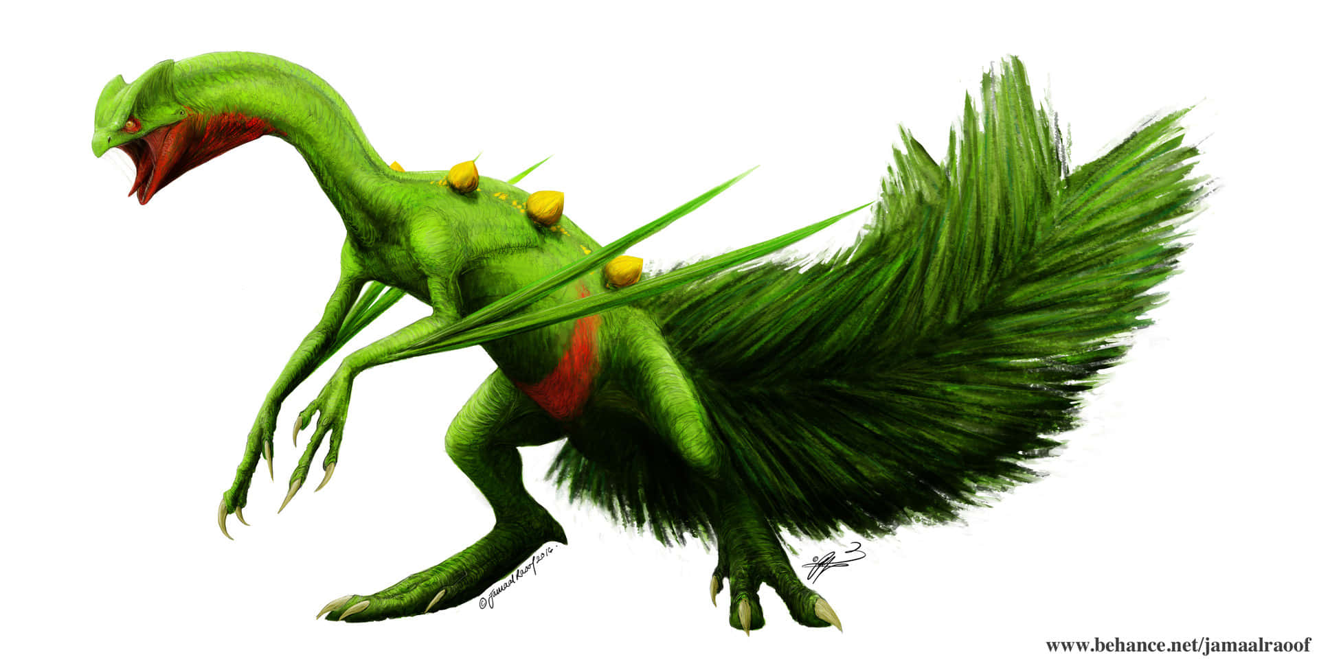 Sceptile 桌布 壁紙 — 一隻充滿活力的綠色羽毛恐龍，帶有黃色尖刺，在純白色背景上動態咆哮。