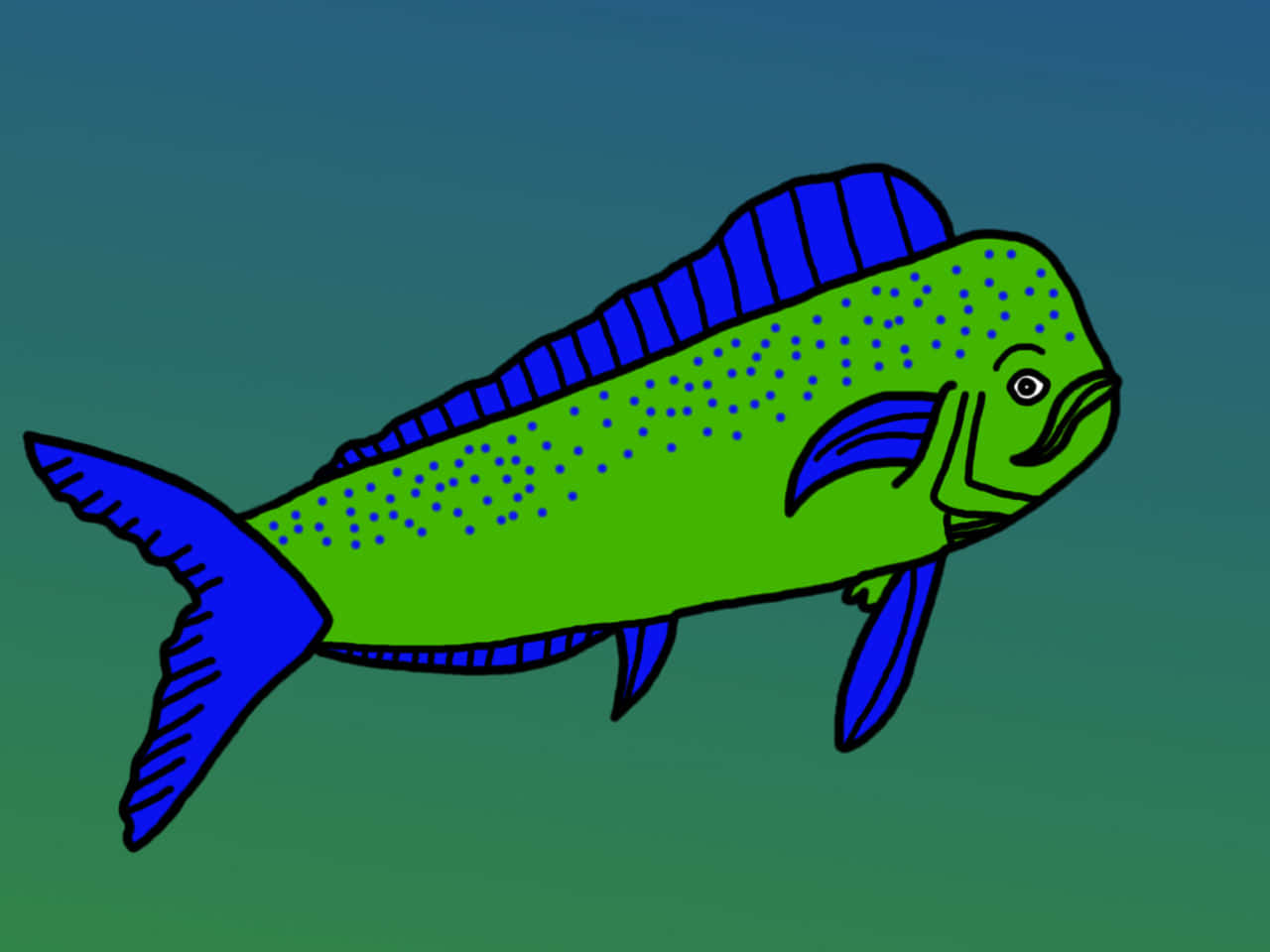 一條卡通綠色魚，帶有藍色鰭和斑點，在水下游泳。 — 邁阿密海豚 GIF 壁紙