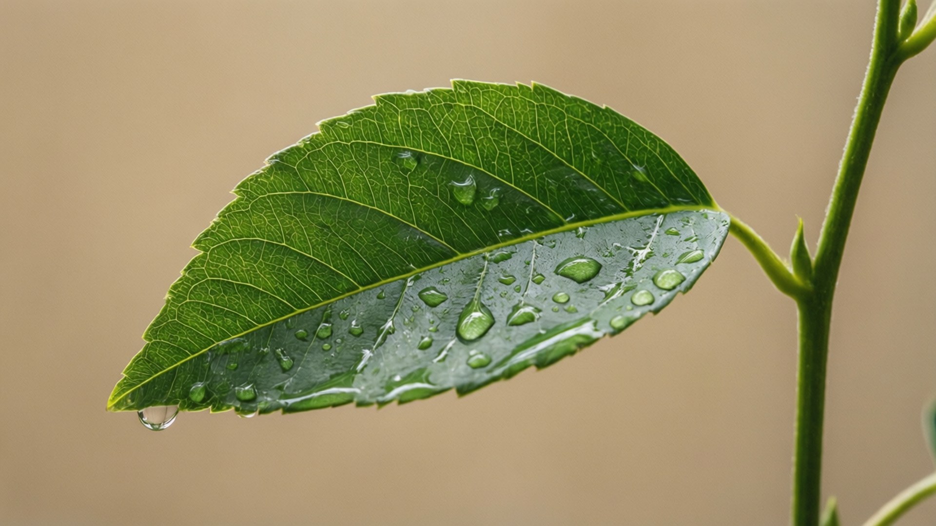 Green Leaf Macro 壁紙 — 一片充滿活力的綠色葉子，鋸齒狀邊緣掛著閃閃發光的水珠，背景是柔和的米色。