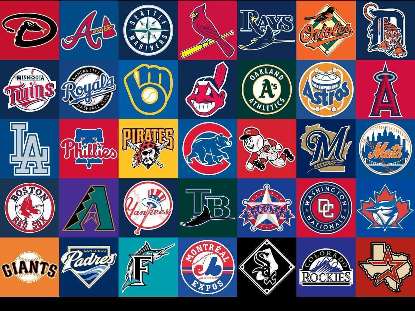 MLB Baseball League 桌布 壁紙 — 一個充滿活力的網格，由色彩繽紛的美國職棒大聯盟球隊標誌排列成大膽的圖案。