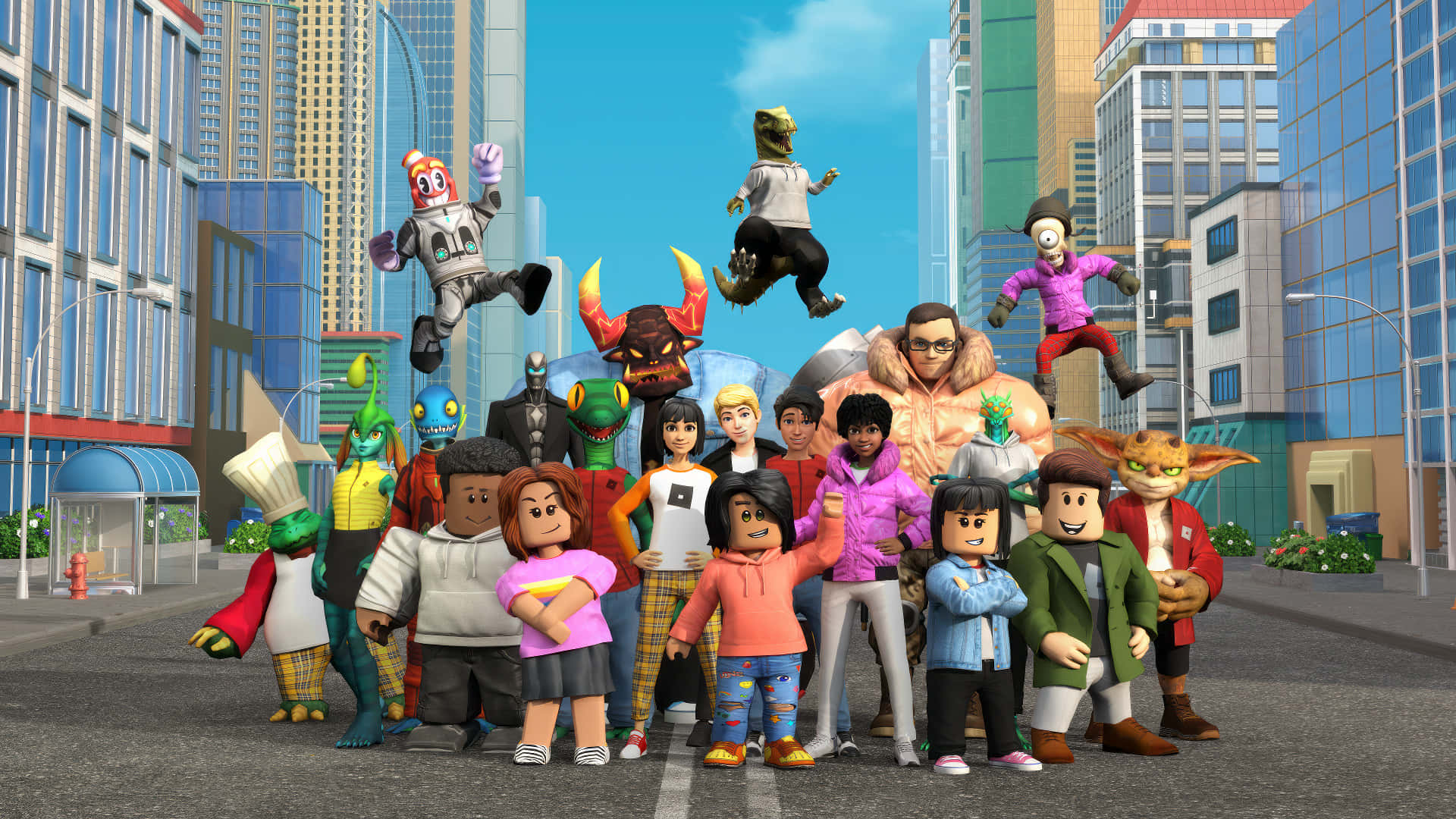  壁紙 — 一群多元化的 Roblox 頭像和怪物在繁華的未來城市街道上一起擺姿勢。