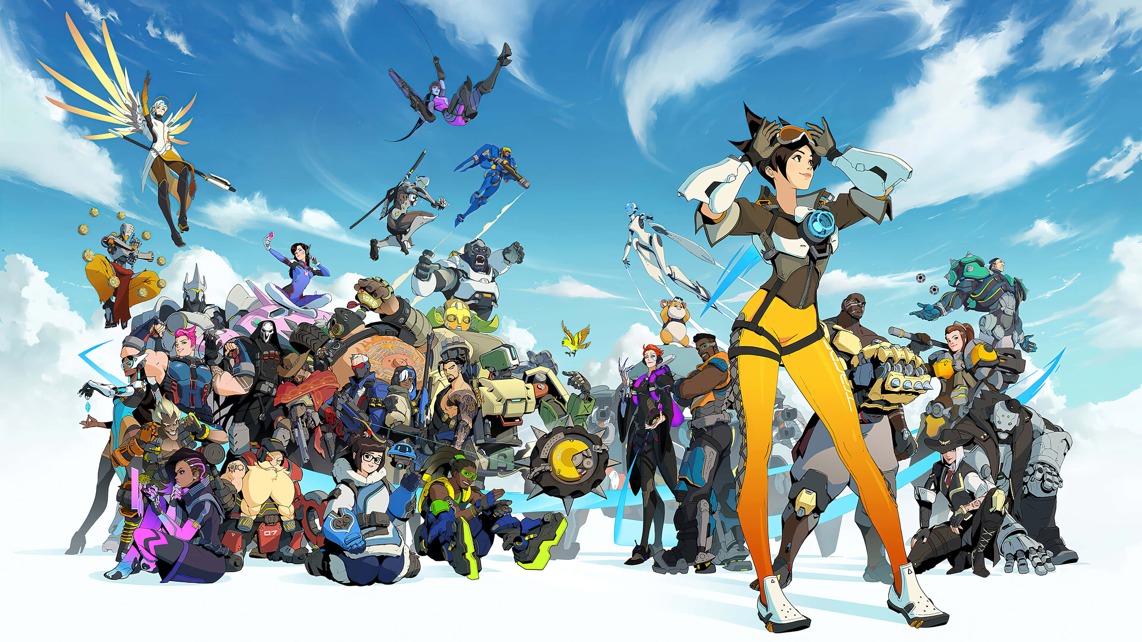Overwatch Heroes 桌布 壁紙 — 一群充滿活力的《鬥陣特攻》英雄在明亮的藍天和蓬鬆雲朵背景下動態擺姿勢。