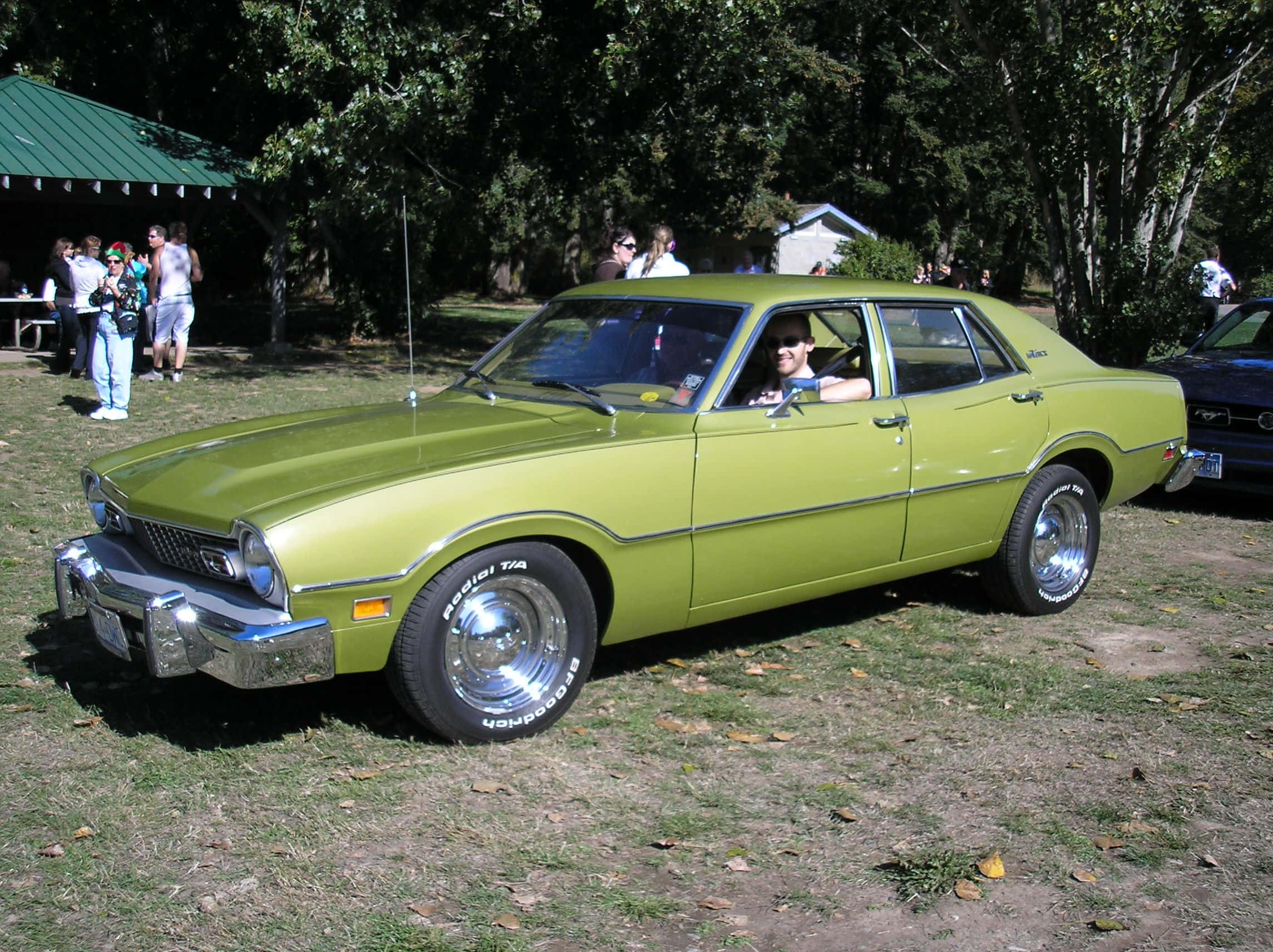 Ford Maverick 桌布 壁紙 — 一輛充滿活力的青檸綠色經典汽車停在草地上，人們聚集在附近的樹下。