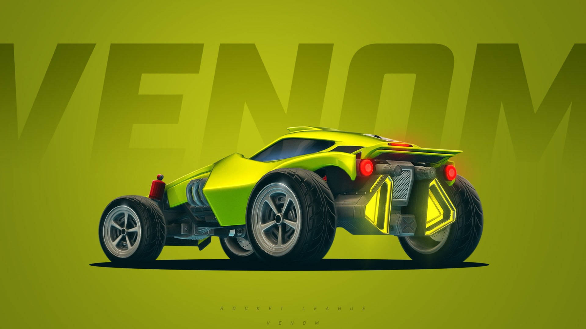 一輛青檸綠色的Rocket League Venom汽車，帶有發光細節，背景為綠色。