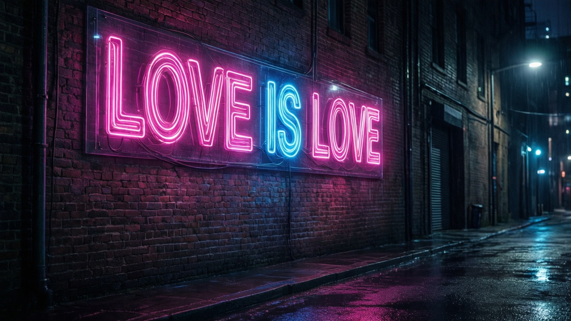 在夜晚的雨中城市小巷裡，一個寫著 love is love 的霓虹燈牌在濕漉漉的磚牆上發光。