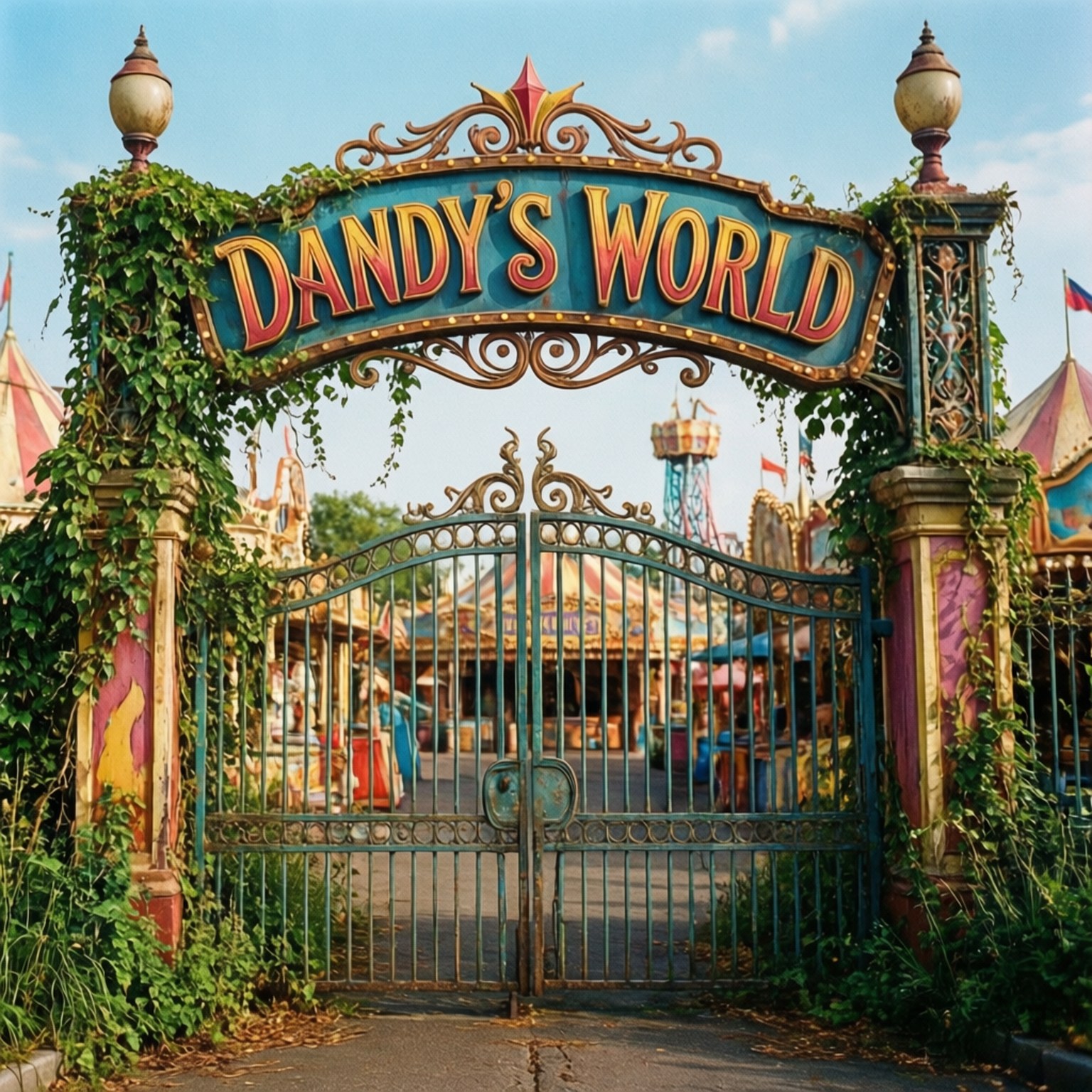 一個爬滿常春藤的大門，上面有寫著 Dandy's World 的標誌，通往一個色彩繽紛的遊樂園。