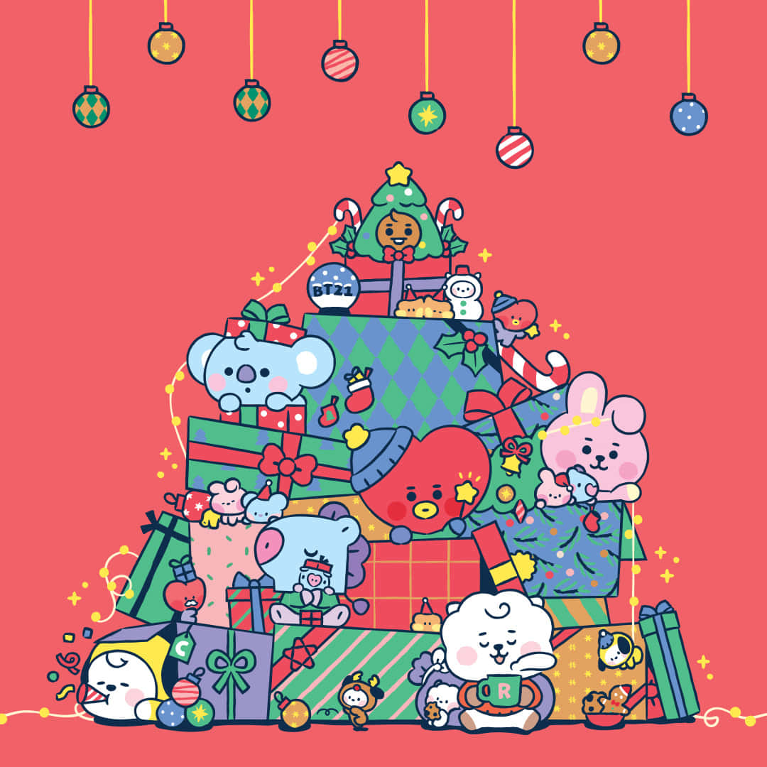 BT21角色藏在色彩繽紛的聖誕禮物堆中，掛著裝飾品。