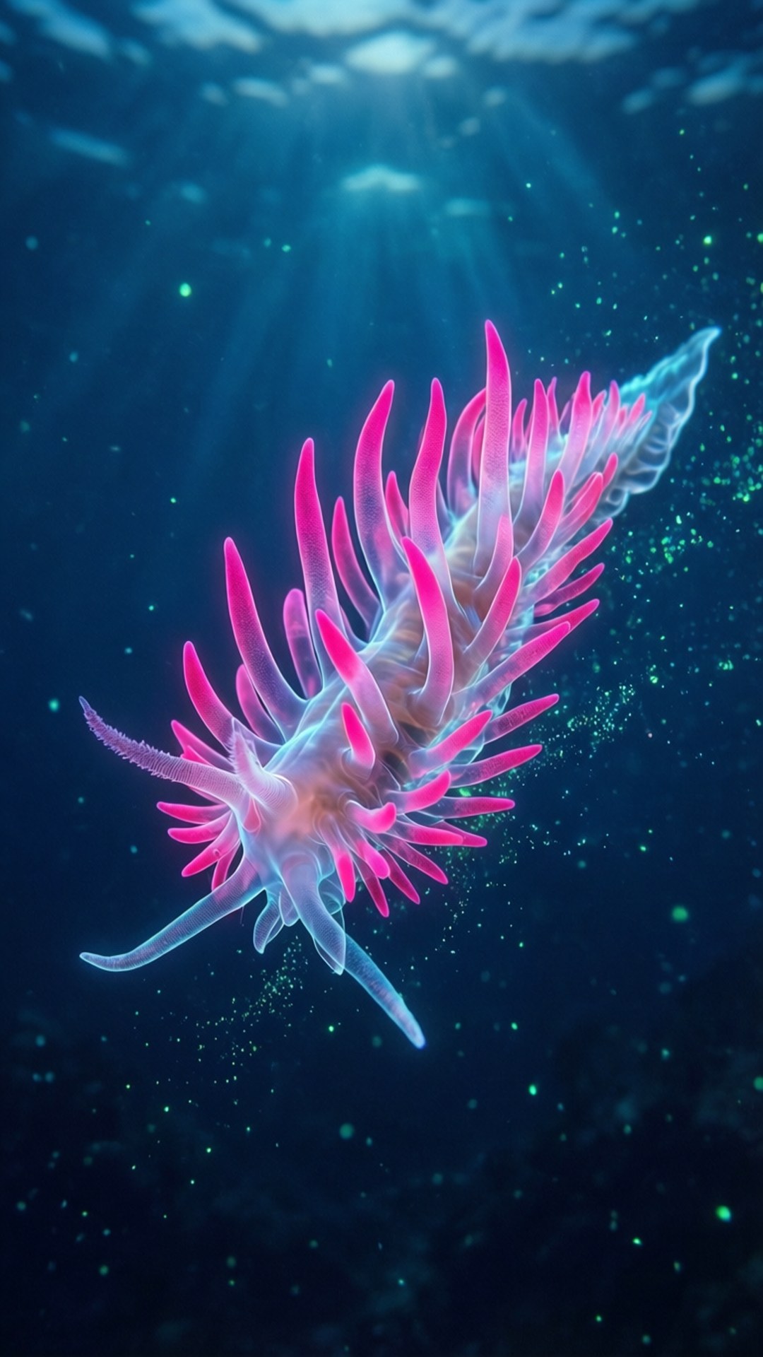 Nudibranch 桌布 壁紙 — 一隻鮮豔的粉紅色海蛞蝓在深藍色的海水中滑行，陽光從上方穿透而下。