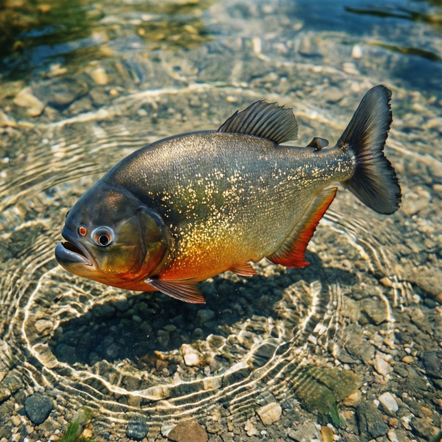 一條紅腹食人魚在清澈淺水中游過岩石河床。