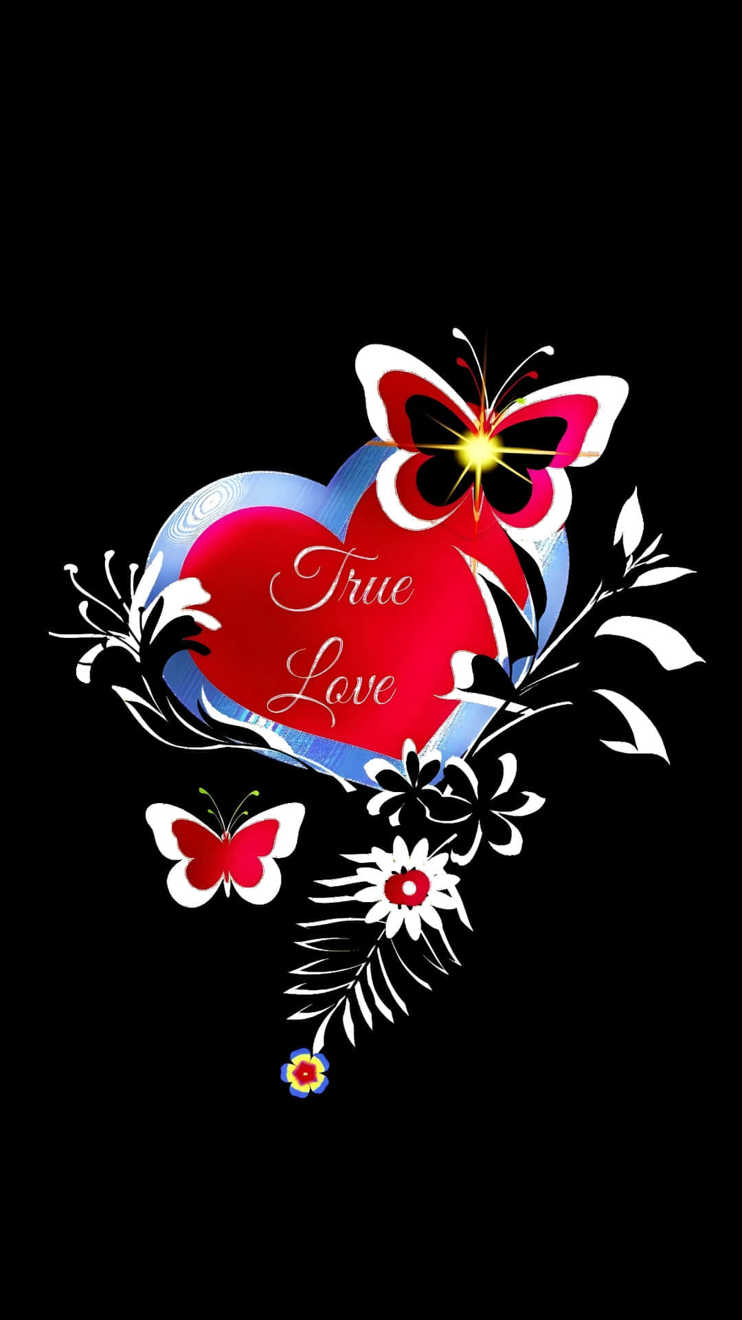  壁紙 — 一個鮮紅色的心形，帶有「True Love」文字，被蝴蝶和花朵環繞在黑色背景上。