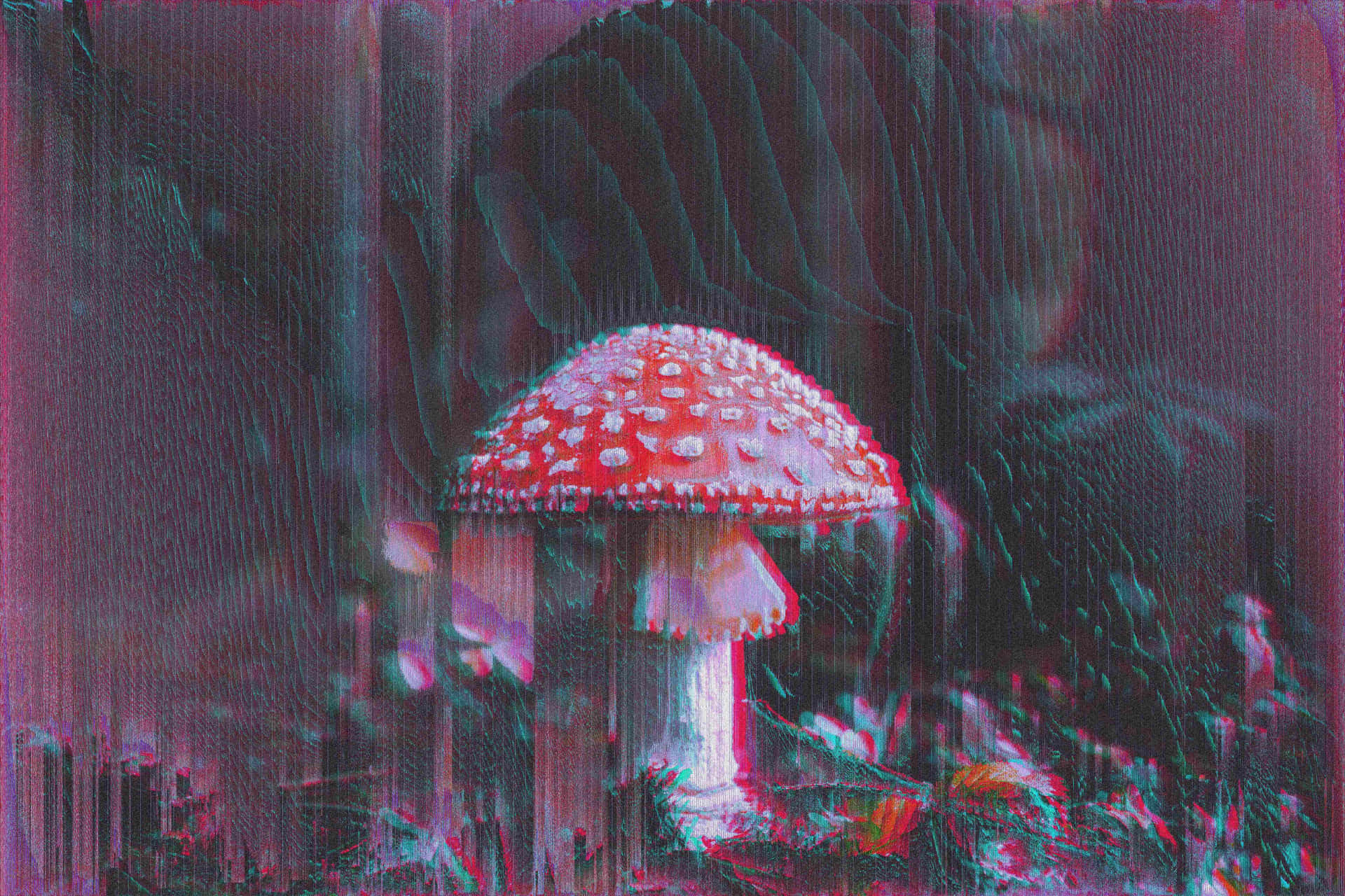  壁紙 — 在黑暗的森林中，一個帶有白色斑點的鮮紅色蘑菇在故障數碼扭曲下發光。
