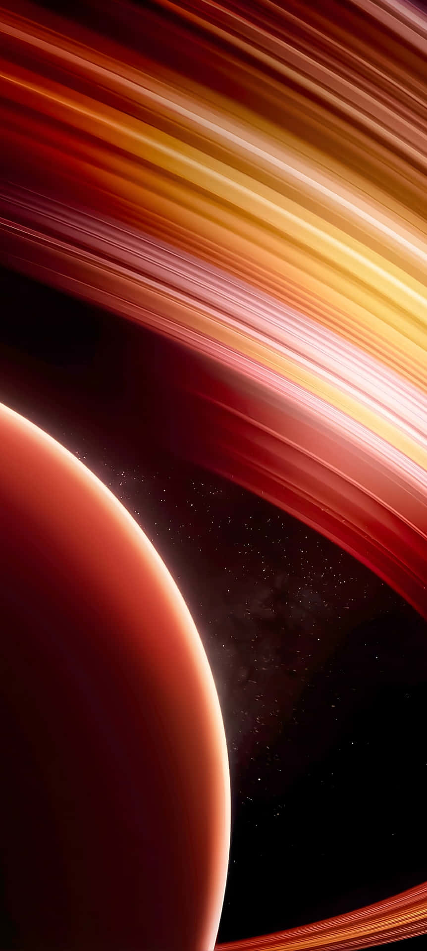  壁紙 — 一顆充滿活力的紅色行星，帶有發光的金色環，劃過星光燦爛的宇宙虛空，呈現於動態的數位藝術作品中。