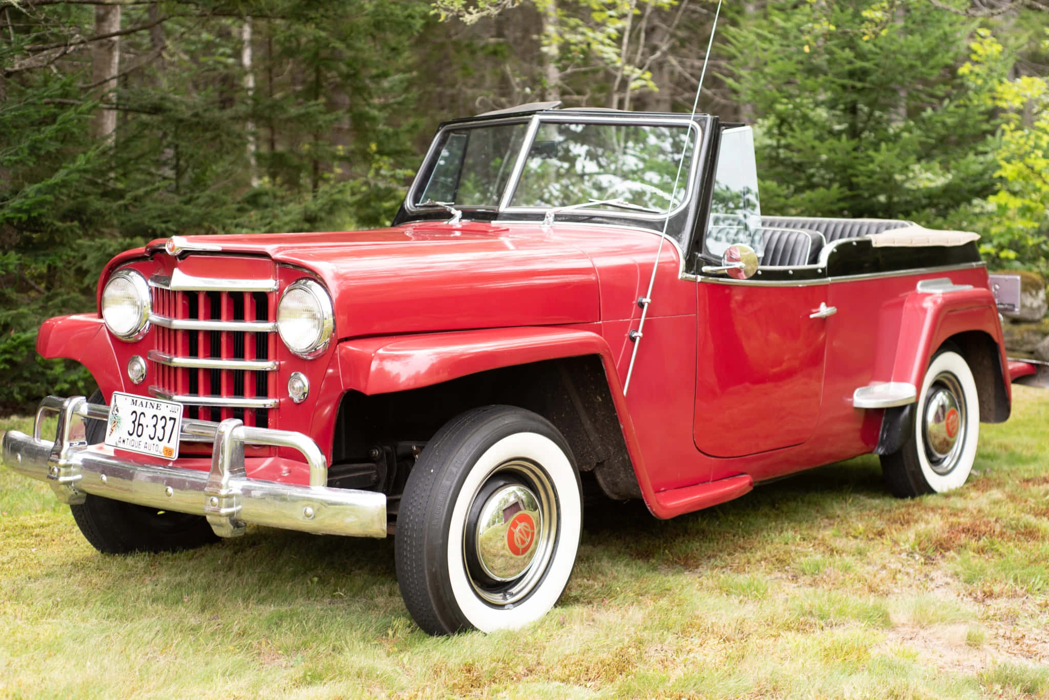 Jeepster 桌布 壁紙 — 一輛鮮紅色的復古Jeepster開篷車停在草地上，背景有樹木。