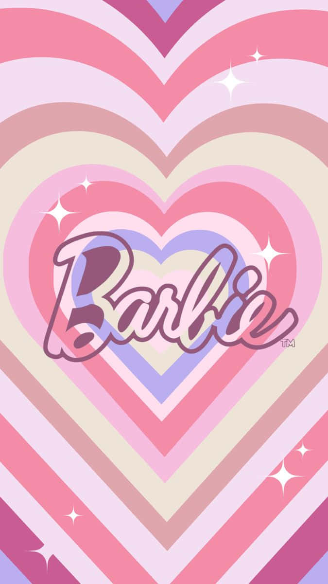 Glitter Barbie Aesthetic 桌布 壁紙 — 充滿活力的復古牆紙，Barbie標誌嵌入在同心圓的柔和心形和閃爍星星之中。