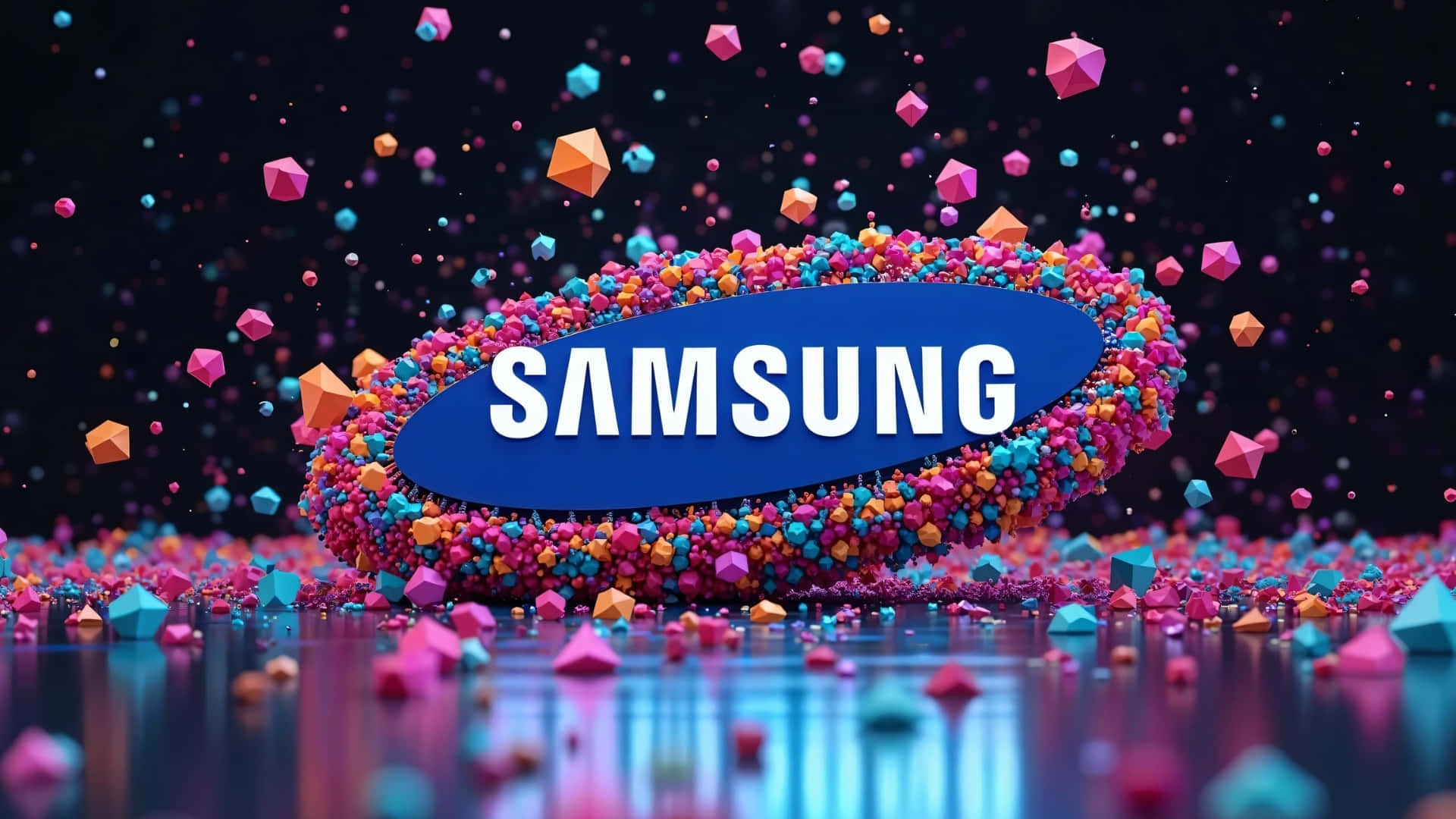  壁紙 — 一個充滿活力的Samsung標誌，被漂浮在深色背景上的彩色幾何粒子環繞。