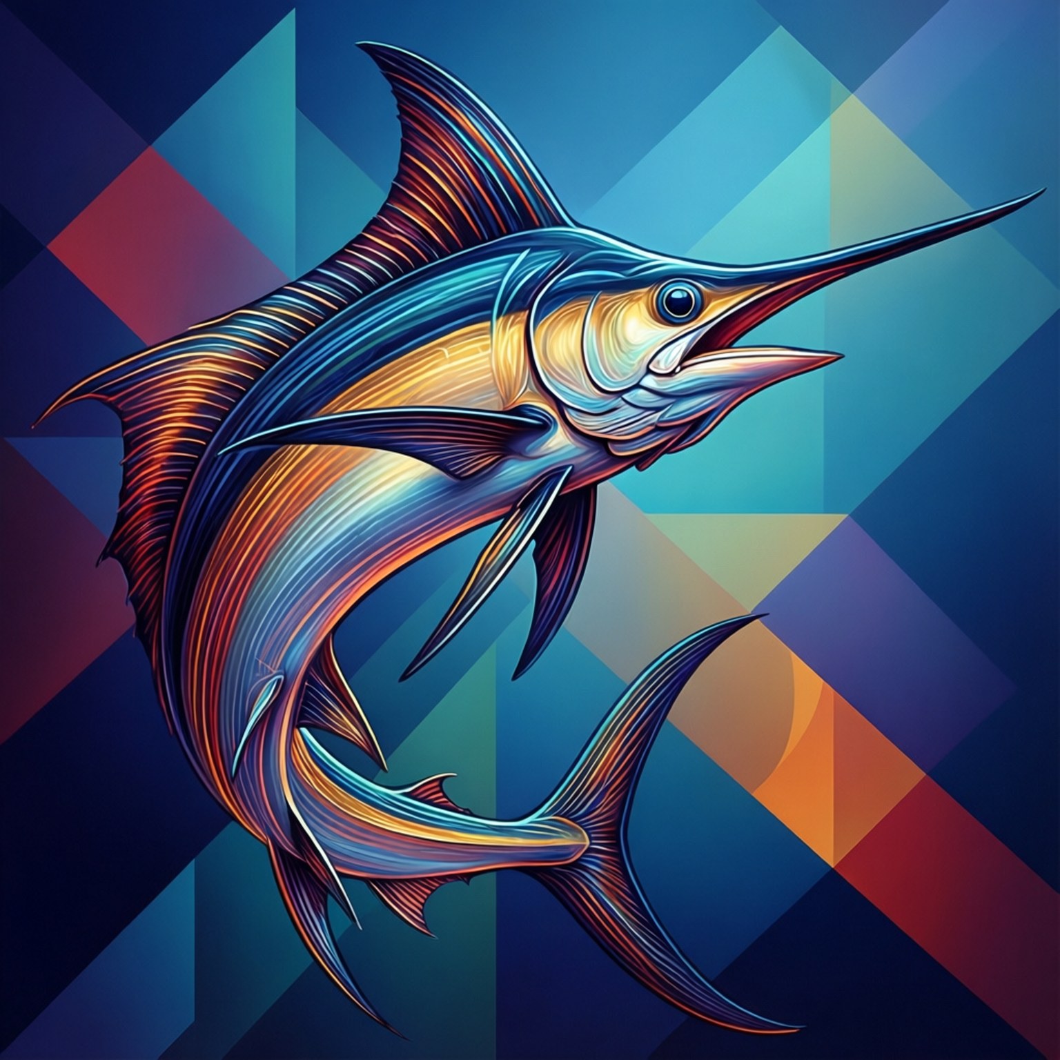 Geometric Marlin 壁紙 — 一條充滿活力的風格化馬林魚在幾何藍色和橙色背景上動態跳躍。