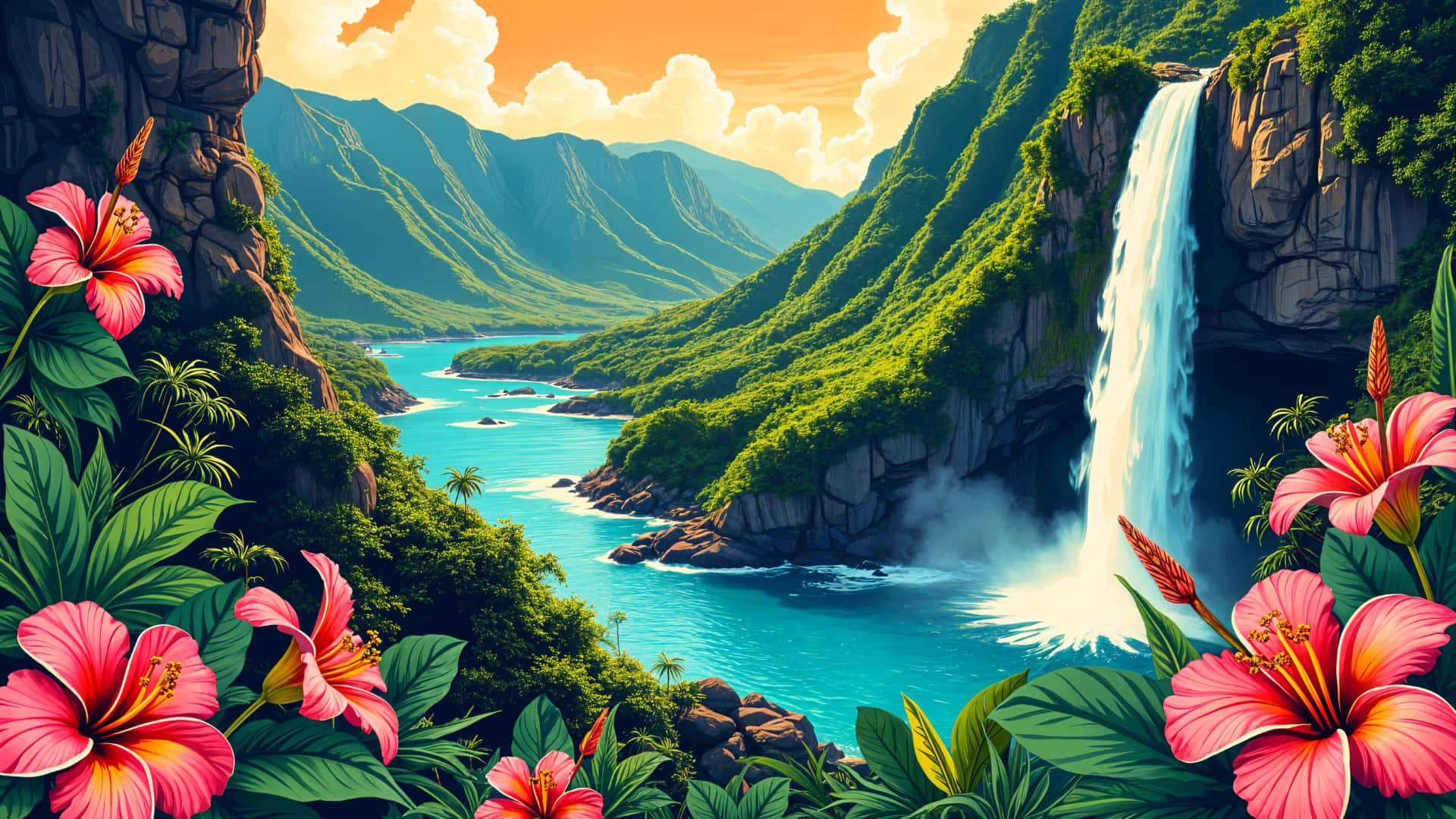  壁紙 — 一個充滿活力的熱帶山谷，瀑布傾瀉入碧綠的海水中，四周環繞著鬱鬱蔥蔥的綠色山脈和粉紅色的木槿花。