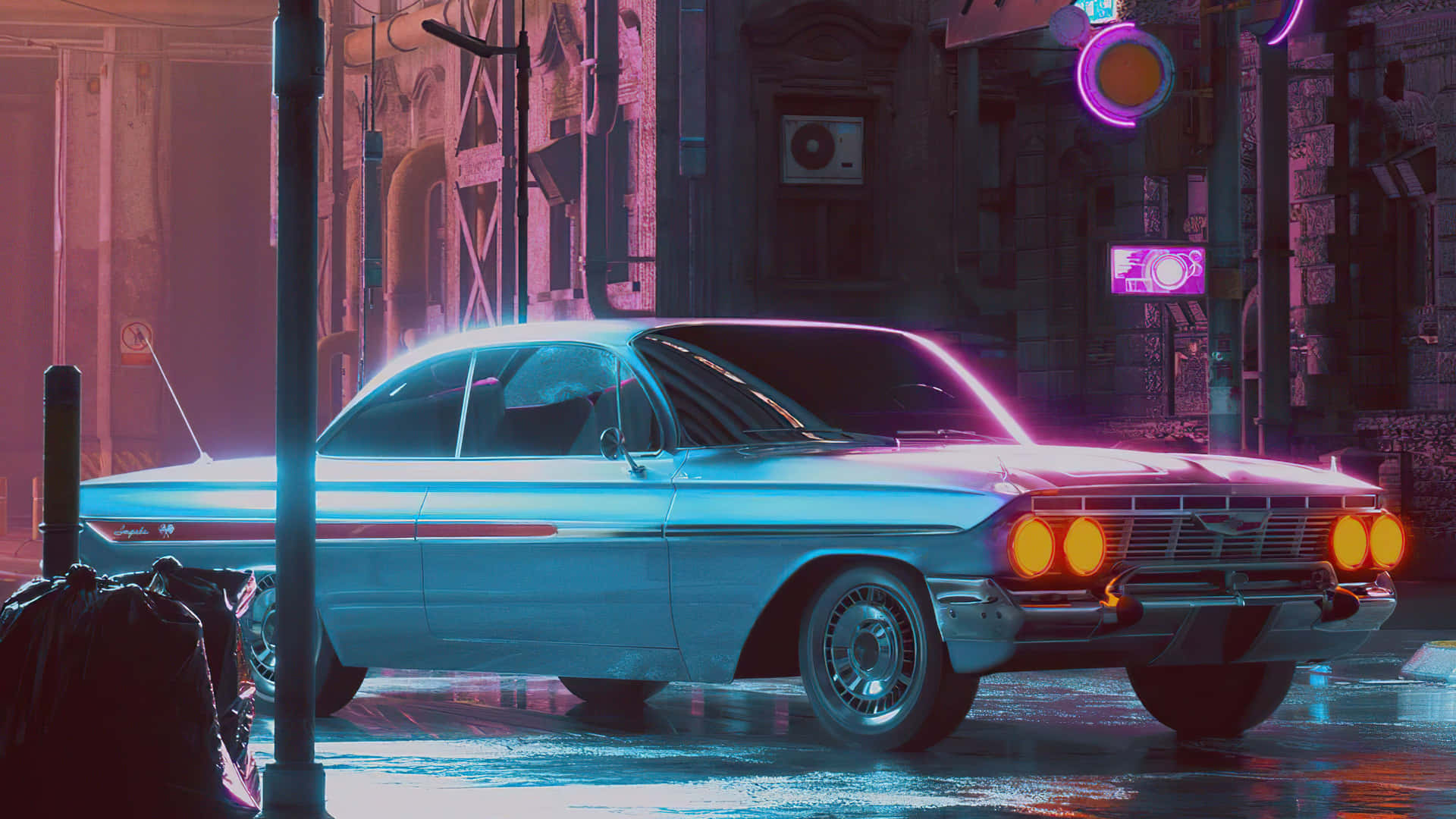  壁紙 — 一輛復古汽車在雨夜的賽博朋克街道上閃爍著霓虹燈光。