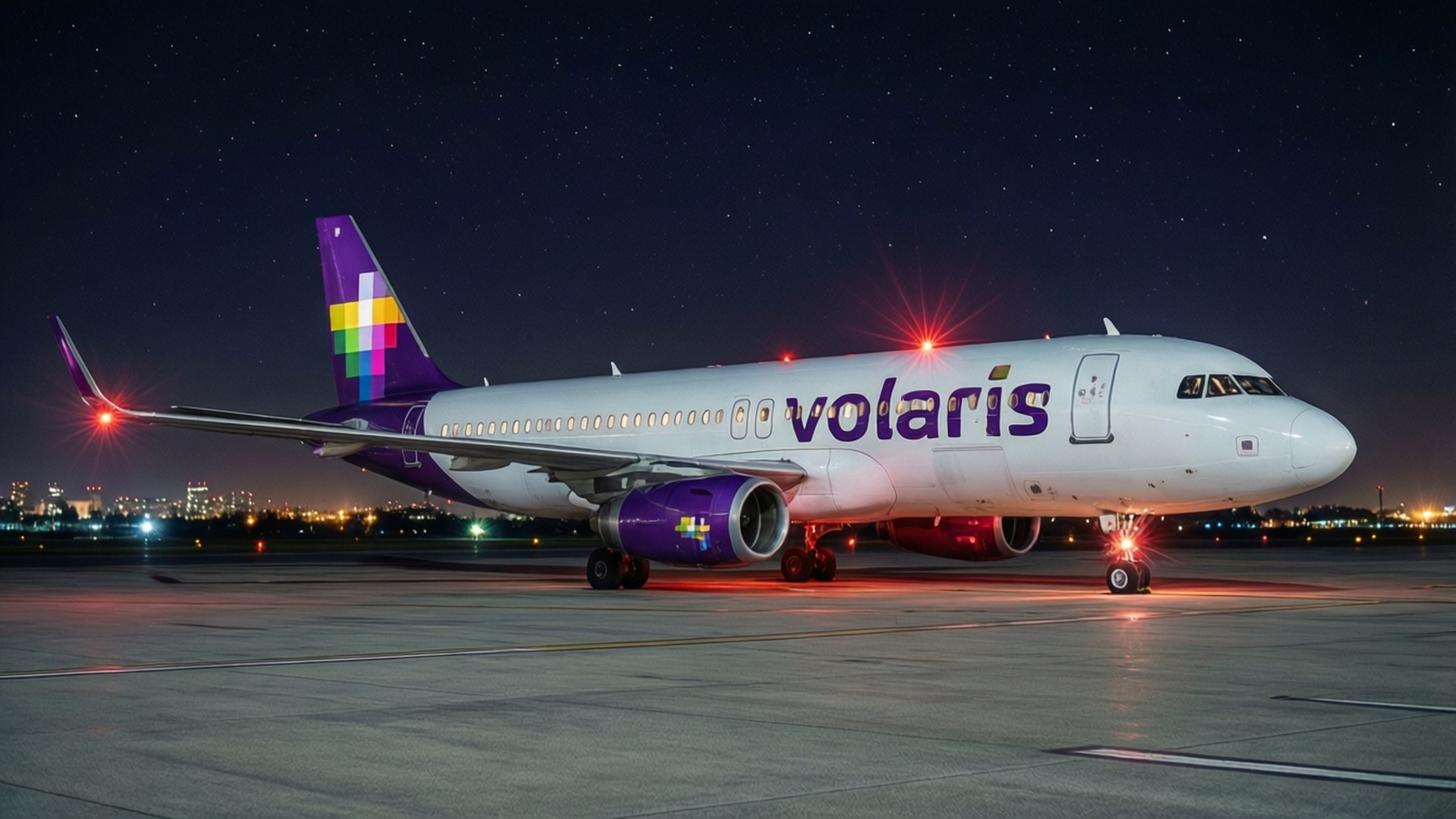 夜間跑道上的Volaris飛機，可見城市燈光和星星。