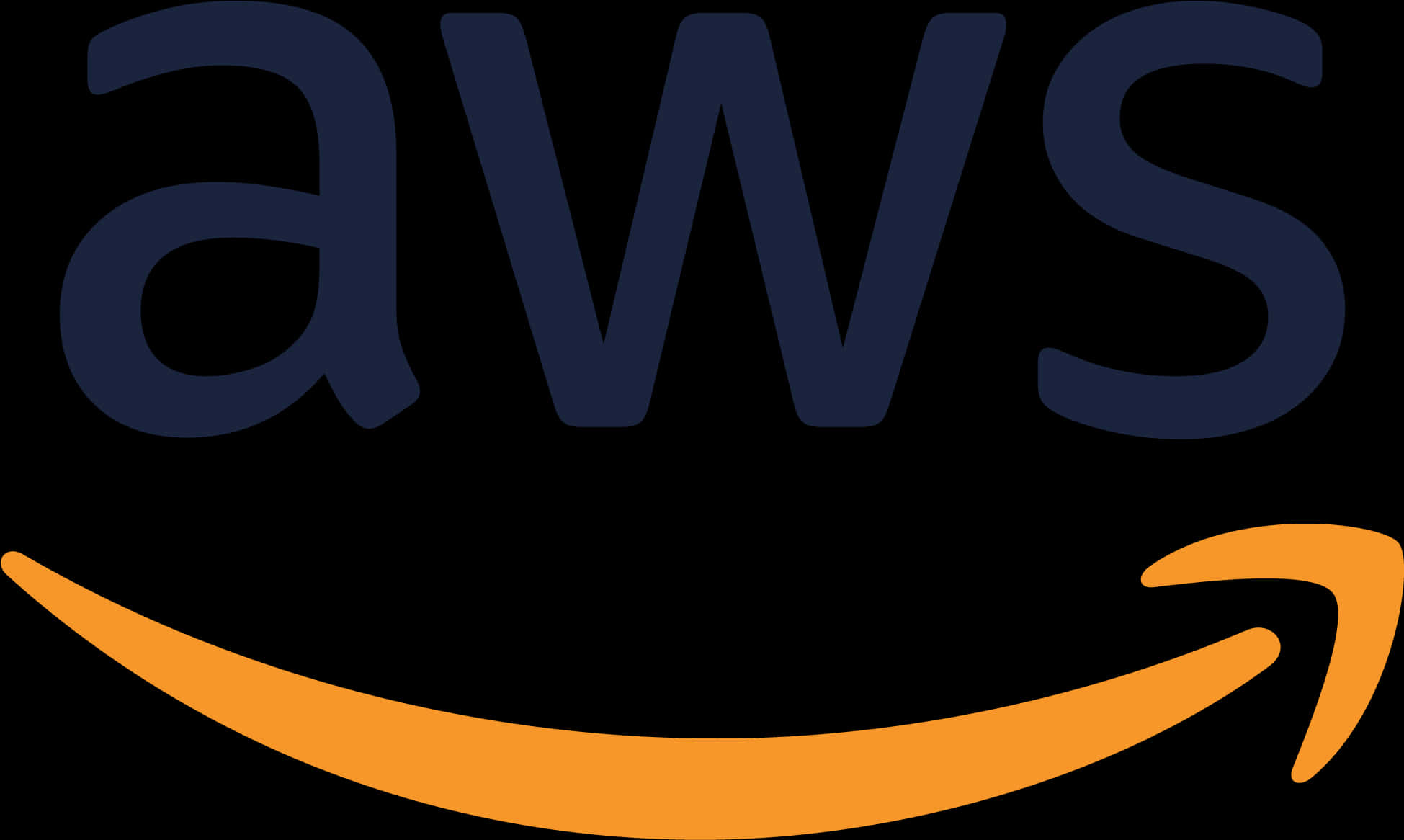 A W S 標誌圖像 壁紙 — AWS 標誌以黑色背景上的粗體深藍色字母和橙色箭頭微笑為特色。
