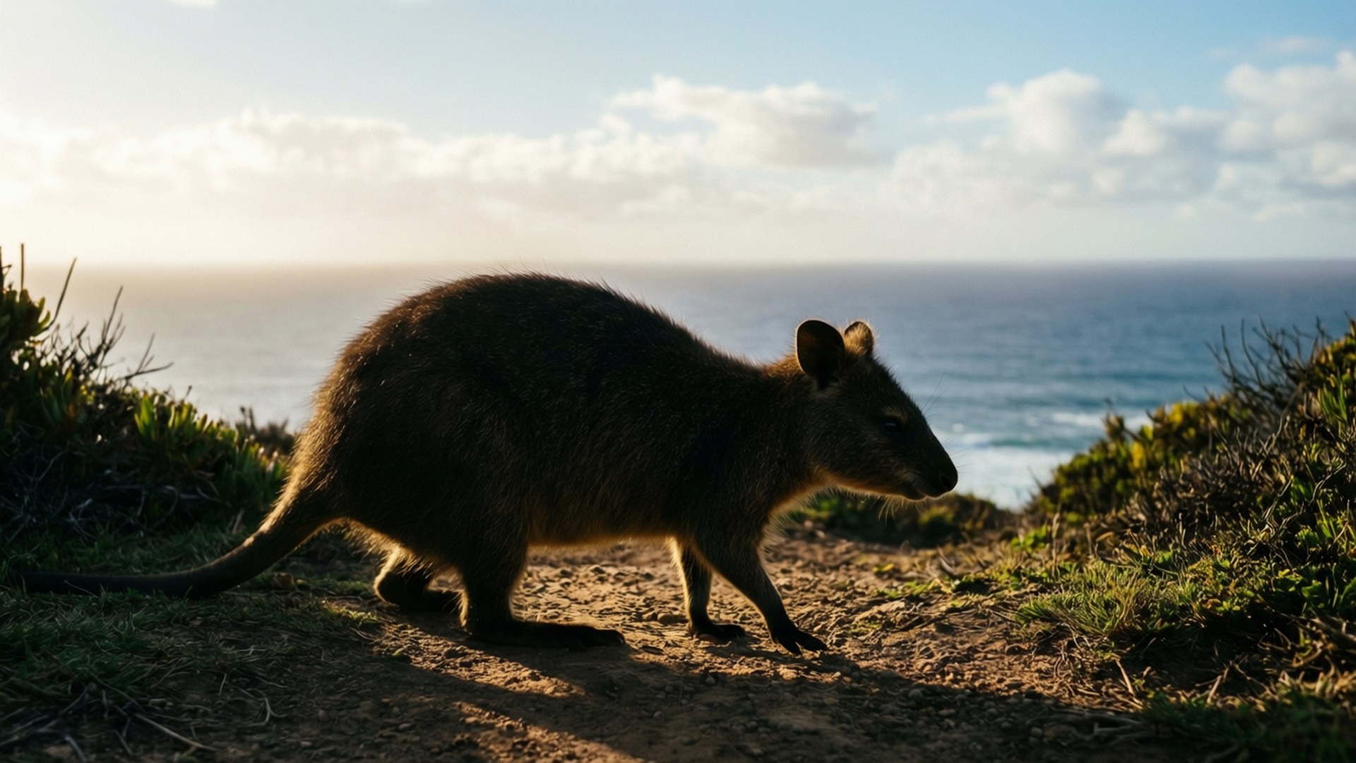 quokka 桌布 壁紙 — 一隻沙袋鼠沿著陽光明媚的海岸懸崖行走，俯瞰著部分多雲天空下的海洋。