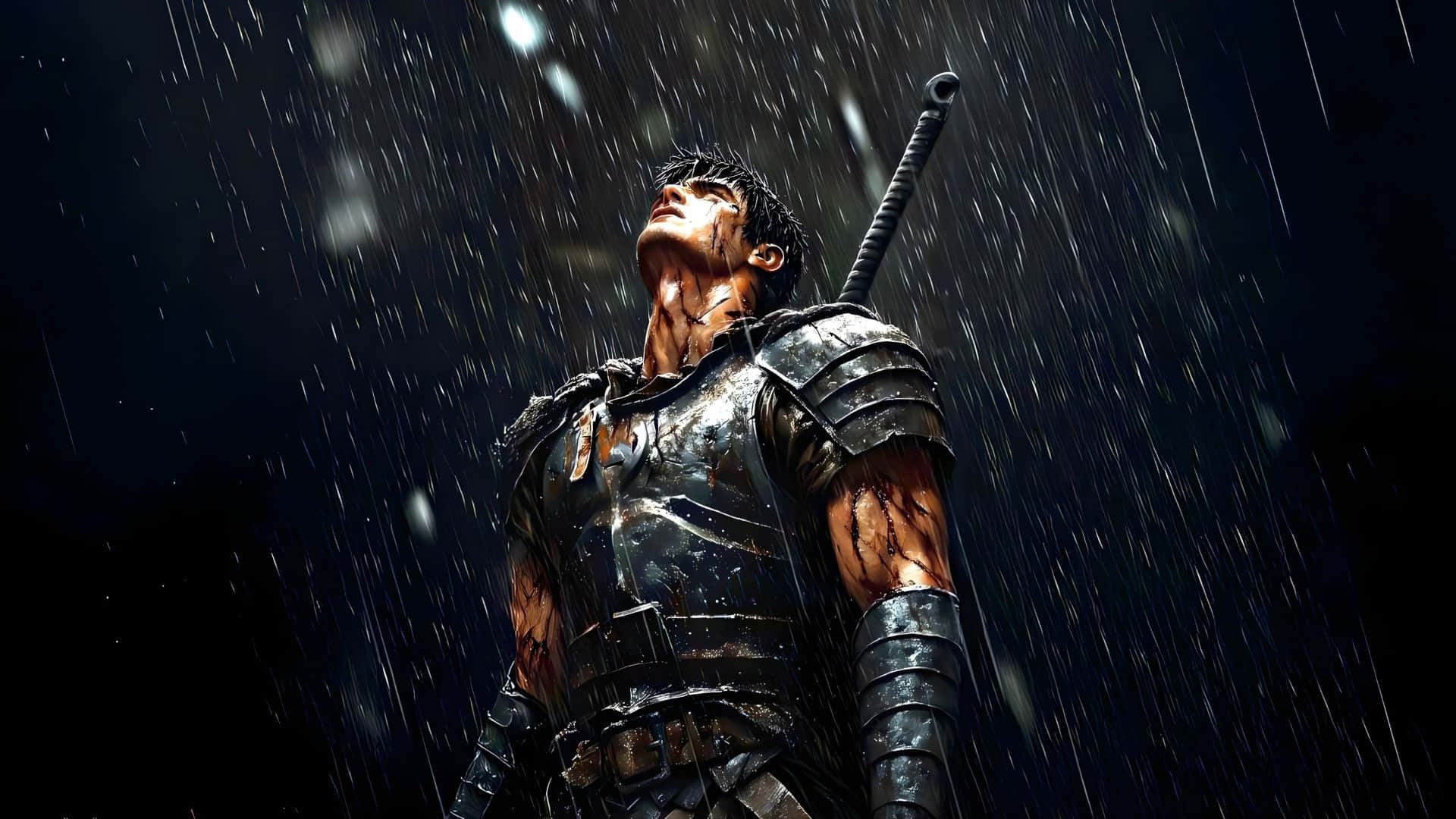  壁紙 — 一名身穿暗色盔甲的戰士在暴雨中挑釁地站立，背上背著劍，頭部仰起對抗風暴。