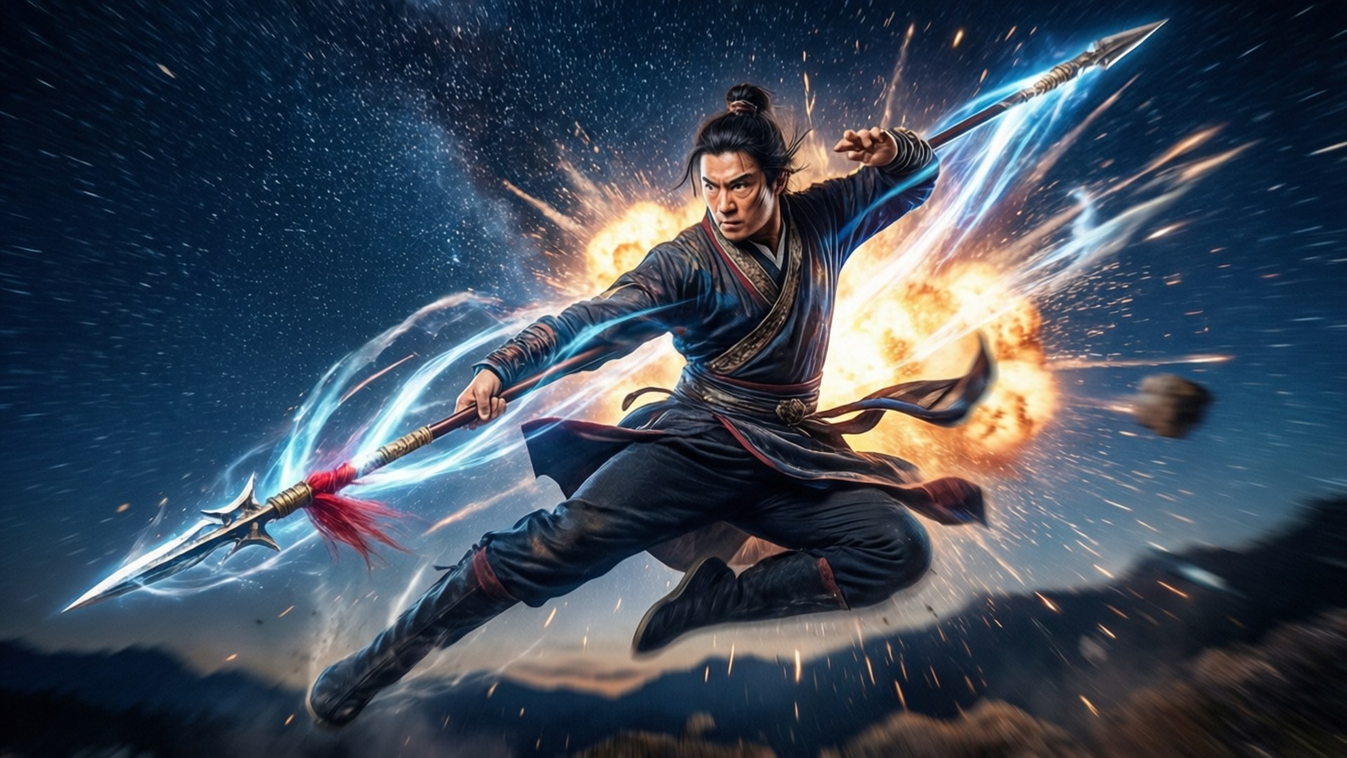 一名戰士在太空中跳躍，在熾熱的爆炸和宇宙能量中揮舞著發光的長矛。